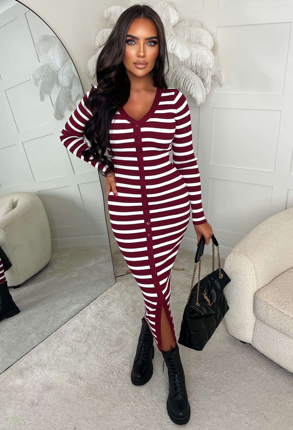Sugar Crush Wine Striped Knitted Midi Dress - Image 4