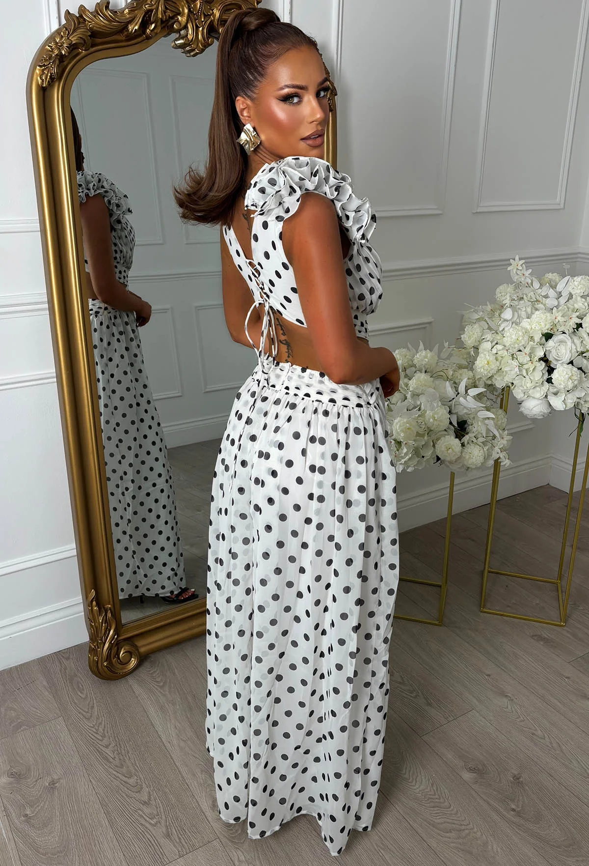 Summer Dawn White Polka Dot Cut Out Ruffle Maxi Dress - Image 7