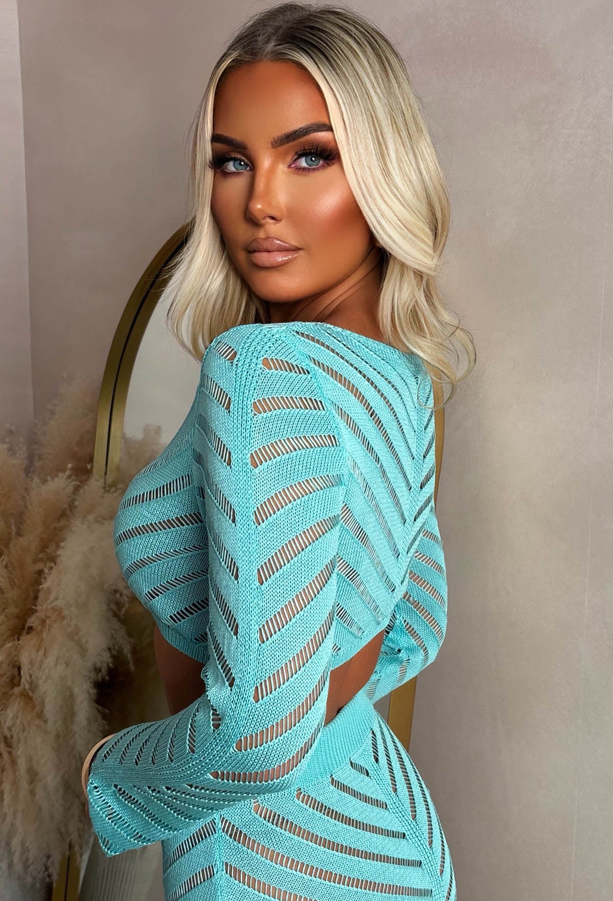 Summer Kisses Teal Sheer Knit Midi Skirt Co-Ord Set - Image 4