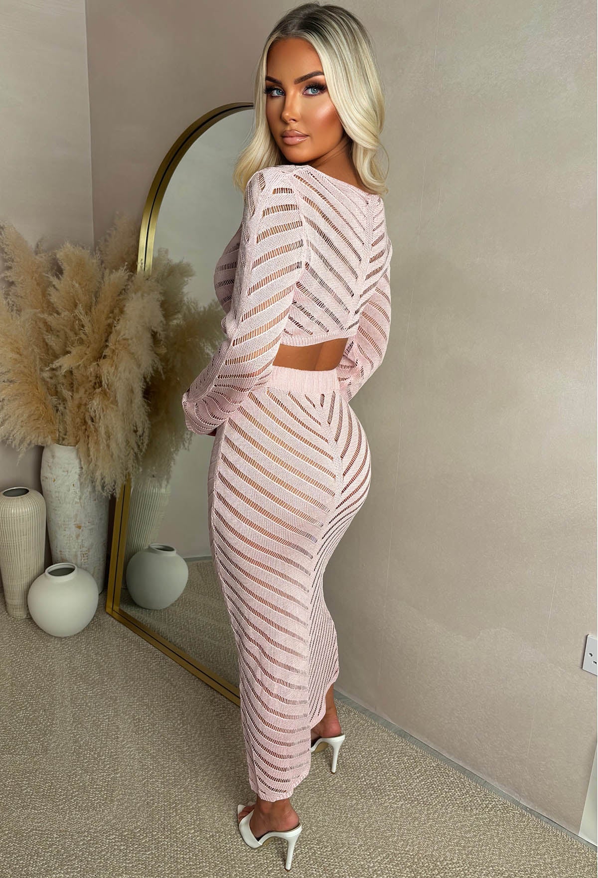 Summer Kisses Pink Sheer Knit Midi Skirt Co-Ord Set - Image 2