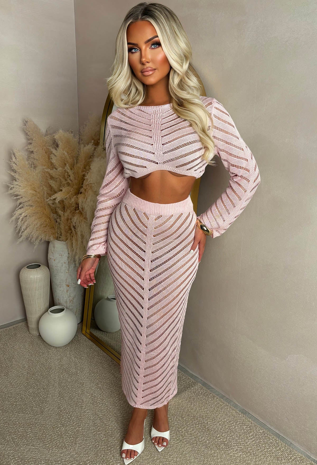 Summer Kisses Pink Sheer Knit Midi Skirt Co-Ord Set - Image 4