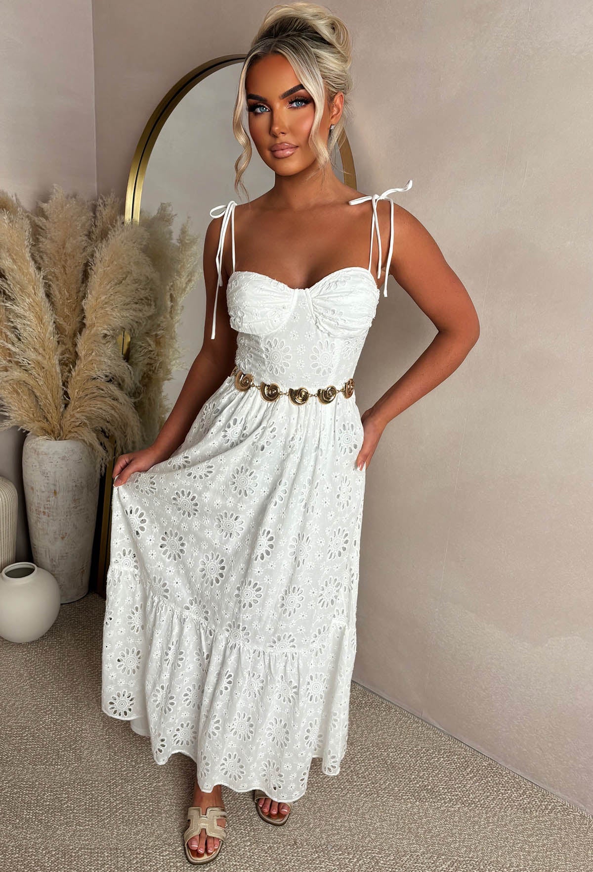 Summer Seduction White Broiderie Tie Strap Maxi Dress - Image 6