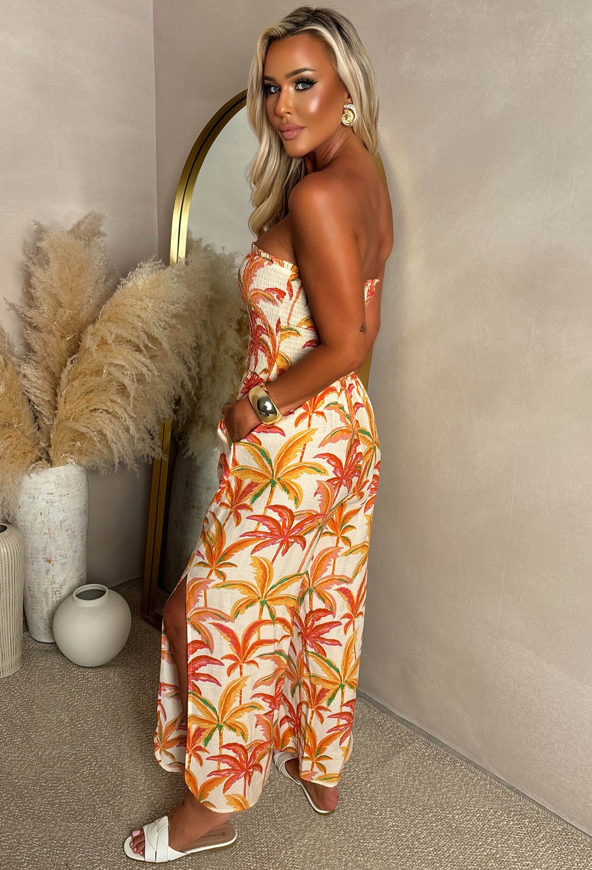 Sunlit Horizon Orange Palm Print Side Split Bandeau Jumpsuit - Image 3