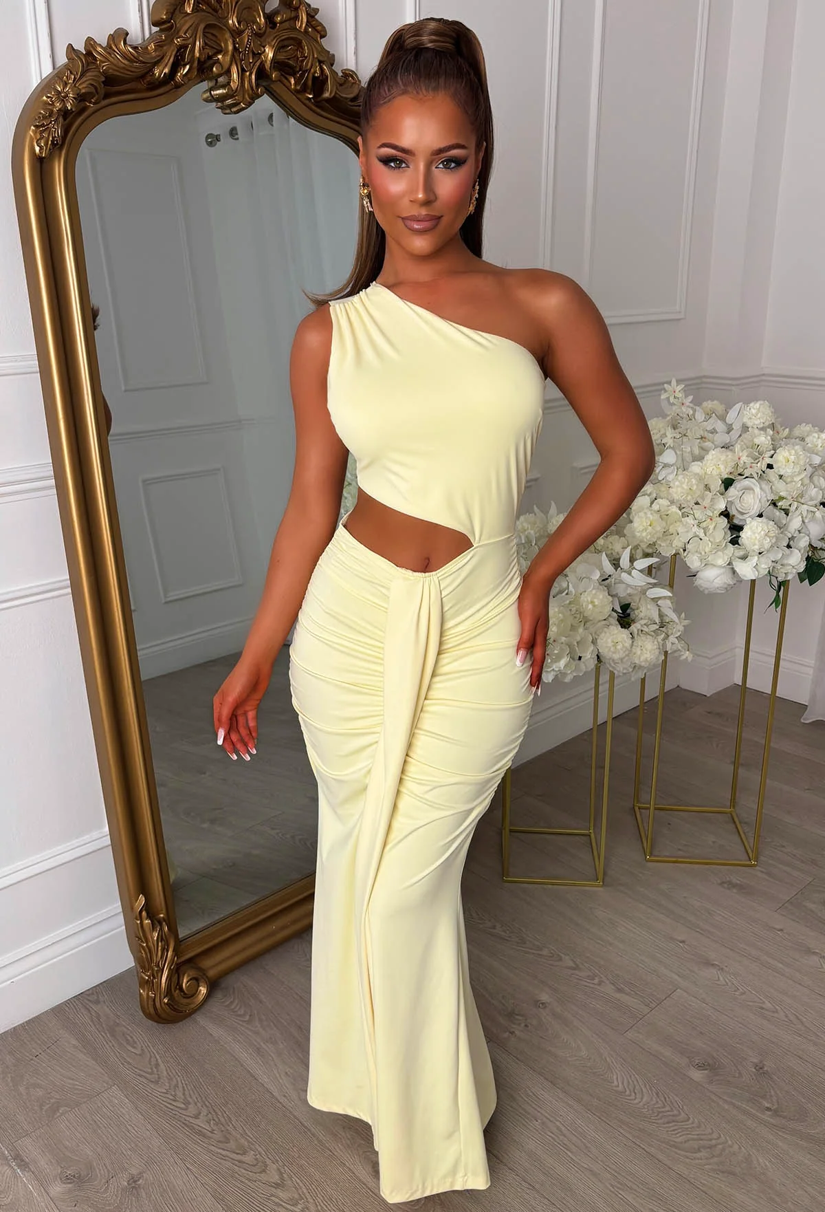 Sunset Chic Lemon Cut Out Ruched One Shoulder Maxi Dress - Image 2