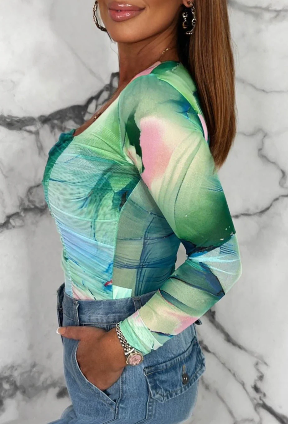 Sunset Memories Green Printed Mesh Ruched Top - Image 3