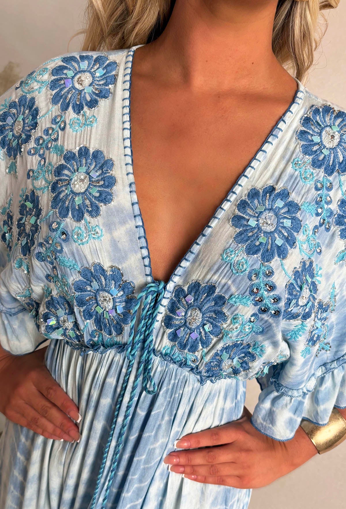 Sunset Seduction Blue Embroidered Tie Dye Maxi Dress - Image 3