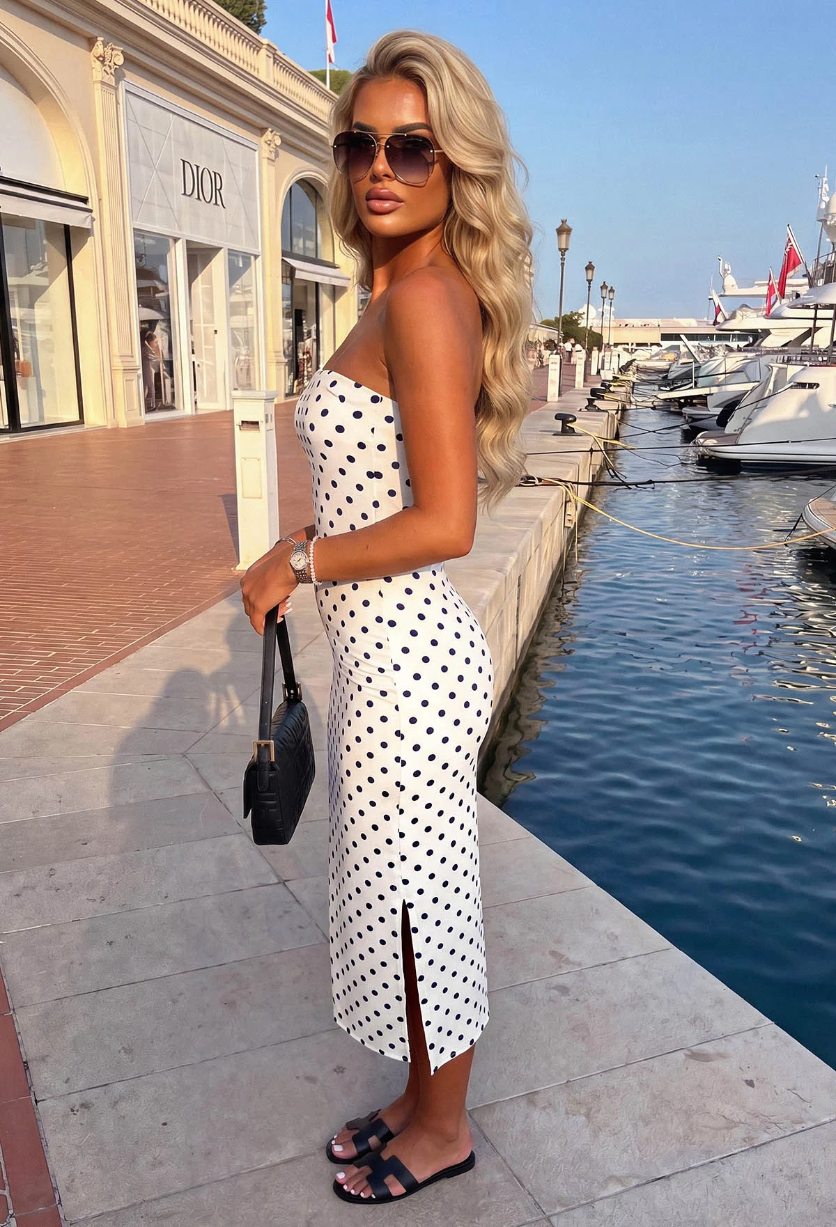 Sweet Essential Monochrome Polka Dot Bandeau Jersey Dress With Side Slit - Image 2