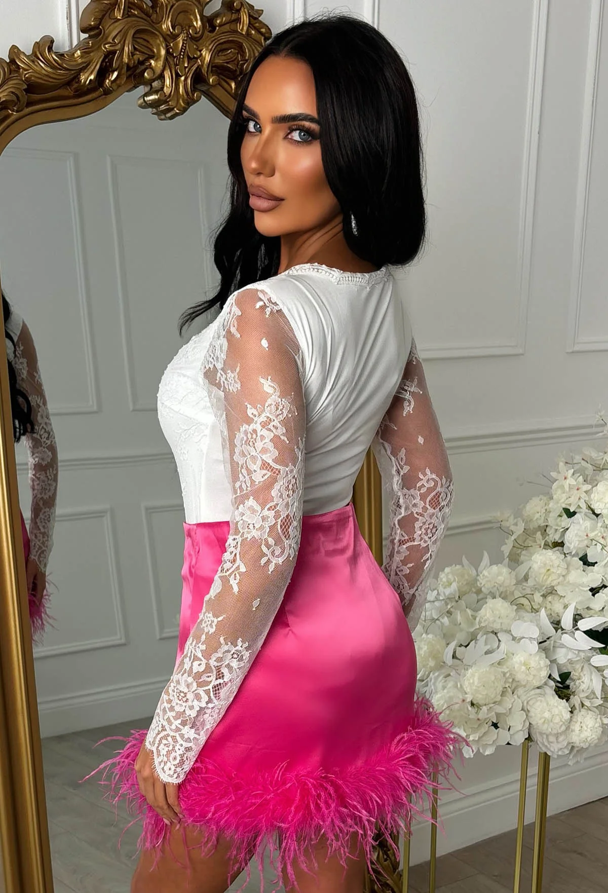Sweetest Gem Hot Pink Feather Satin Skirt - Image 3