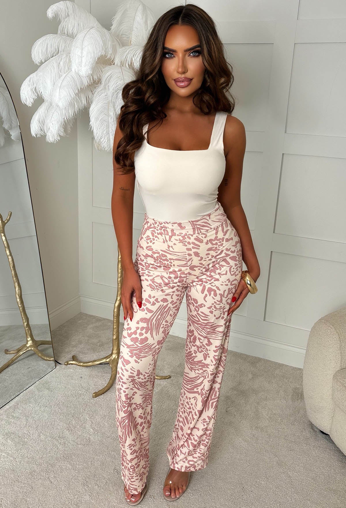 Sweetest Soul Light Pink Animal Print Slinky Straight Leg Trousers - Image 2