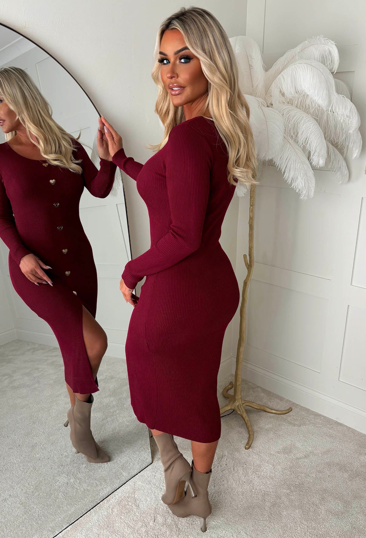 Take My Heart Burgundy Gold Heart Button Long Sleeve Knitted Midi Dress - Image 3