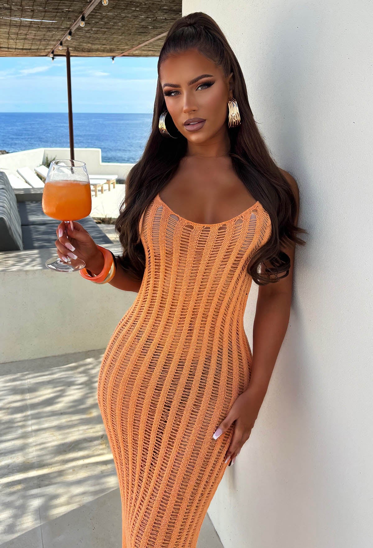 Tangerine Dream Orange Square Neck Laddered Knitted Maxi Cover Up - Image 3