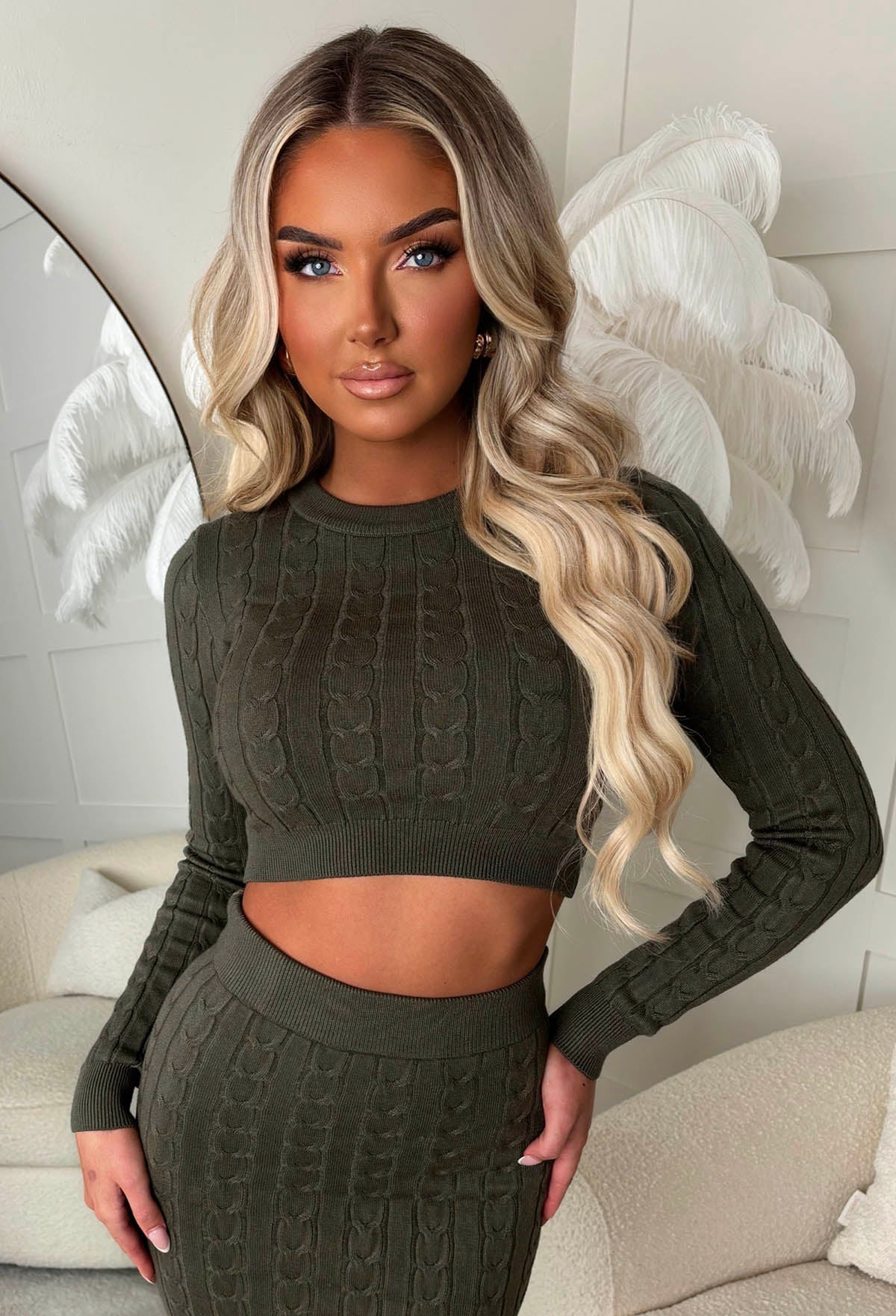 Tell Me Everything Khaki Ultra Soft Cable Jumper And Skirt Co-Ord Set - Image 3