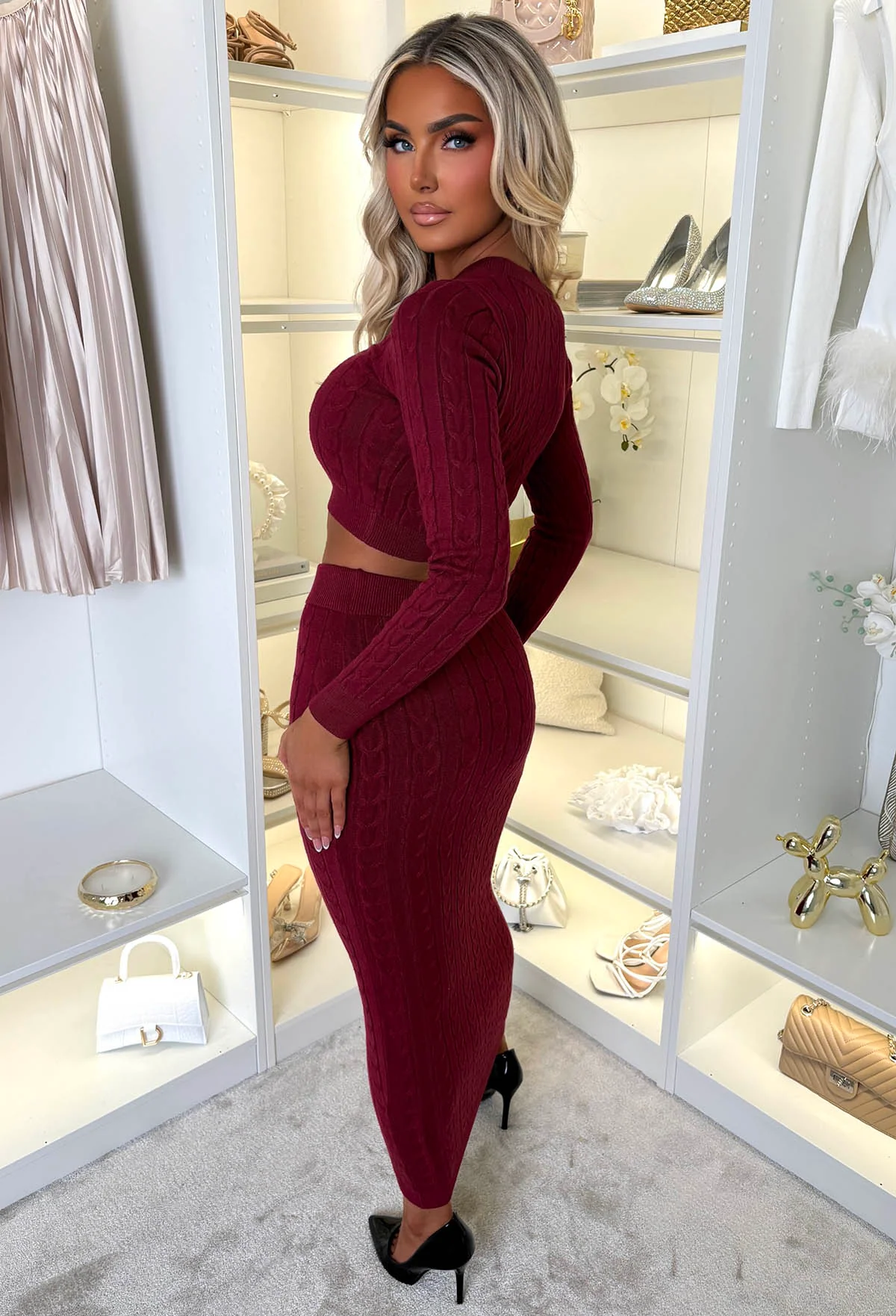 Tell Me Everything Wine Ultra Soft Cable Jumper And Skirt Co-Ord Set - Image 2