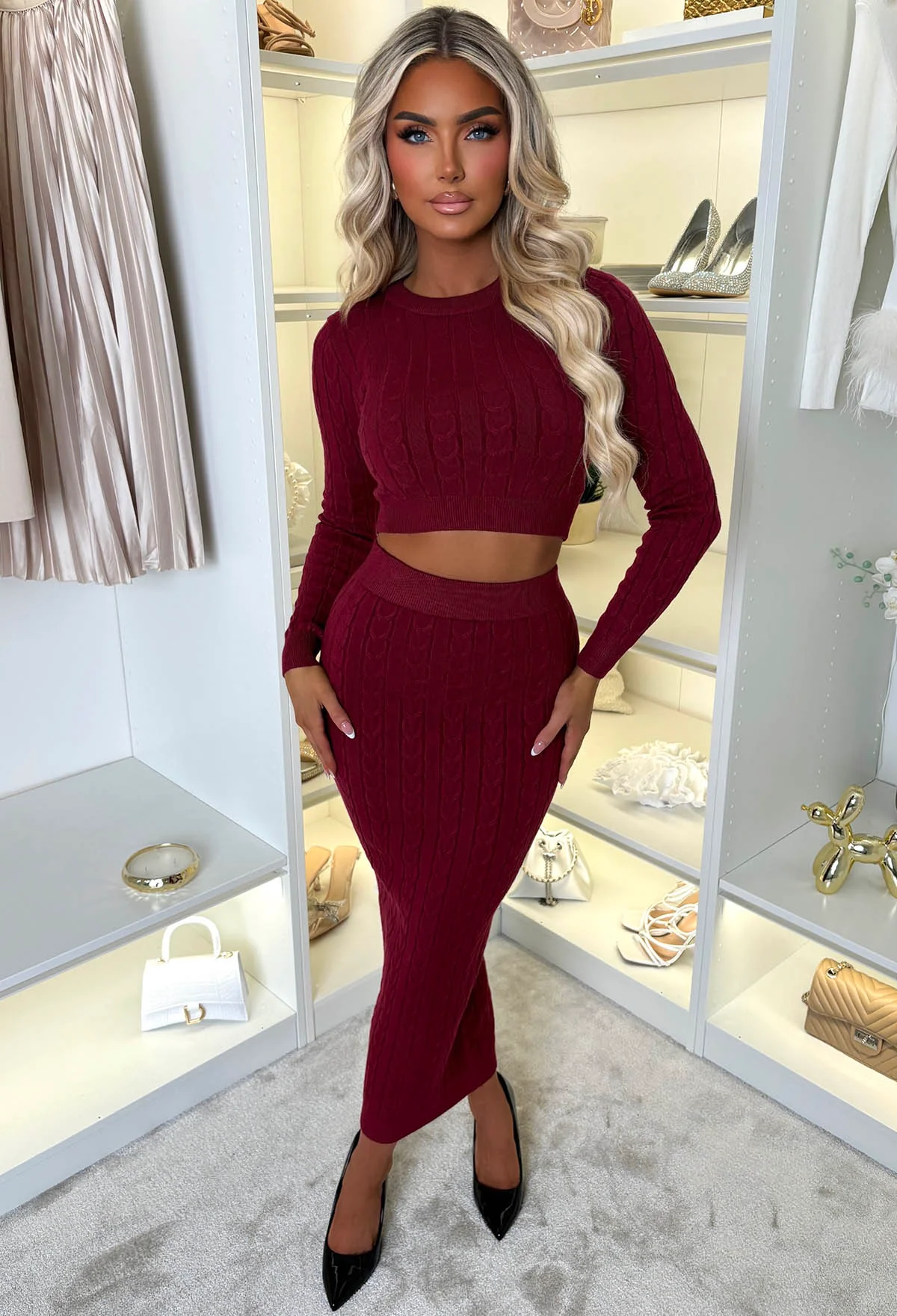 Tell Me Everything Wine Ultra Soft Cable Jumper And Skirt Co-Ord Set - Image 3