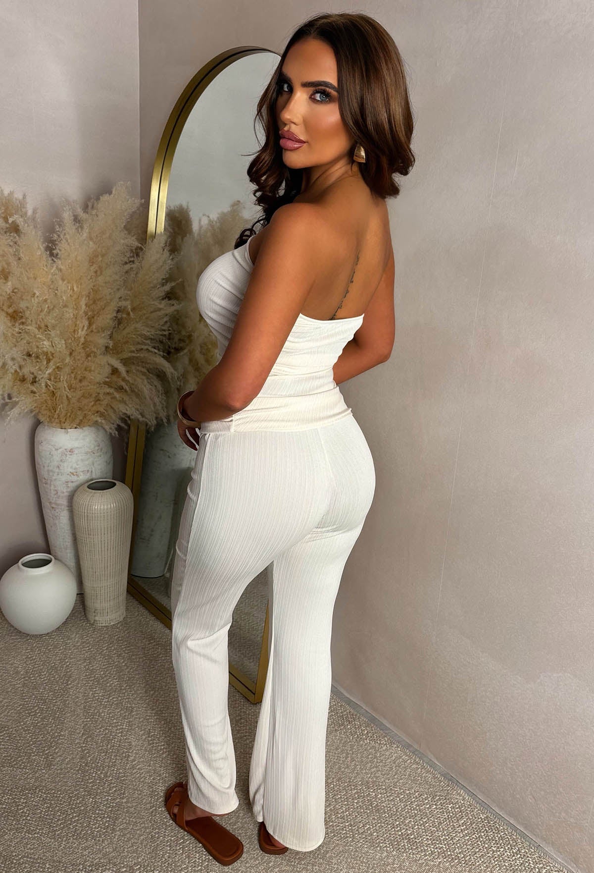 Tell Me Lies Beige Ruched Ribbed Bandeau Top & Trouser Set - Image 4