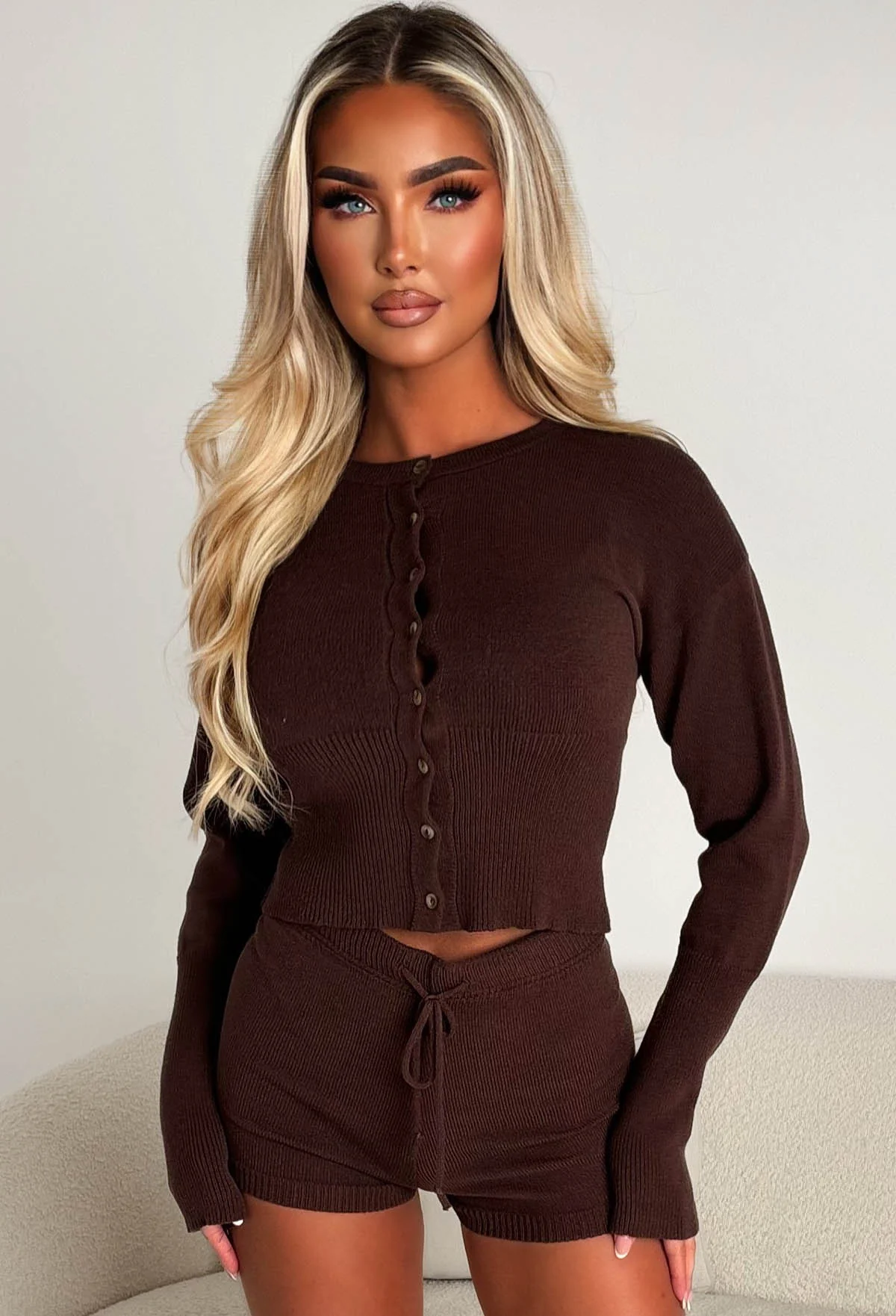 Tender Crush Chocolate Brown Cinched Knitted Cardigan & Shorts Co-Ord Set - Image 2