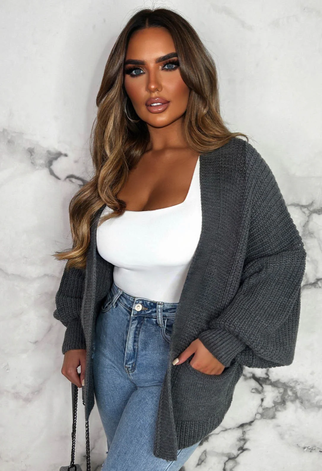 That Effortless Look Grey Balloon Sleeve Knitted Cardigan - Image 3