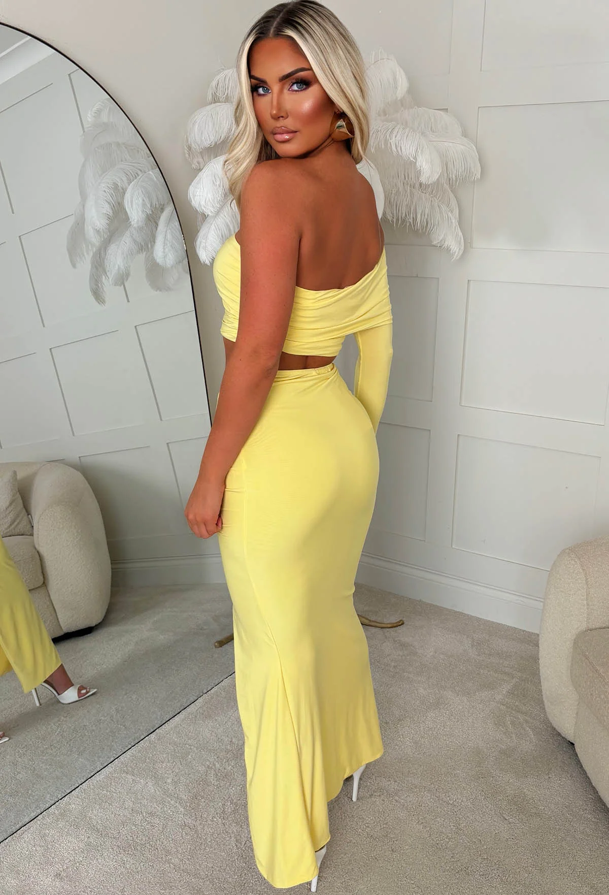 The Best Asset Lemon Ruched Slinky One Shoulder Maxi Skirt Co-Ord Set - Image 3