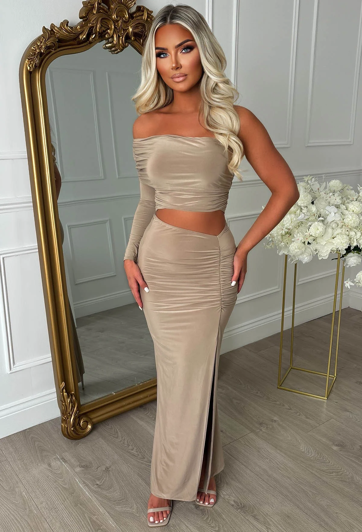 The Best Asset Taupe Ruched Slinky One Shoulder Maxi Skirt Co-Ord Set - Image 4