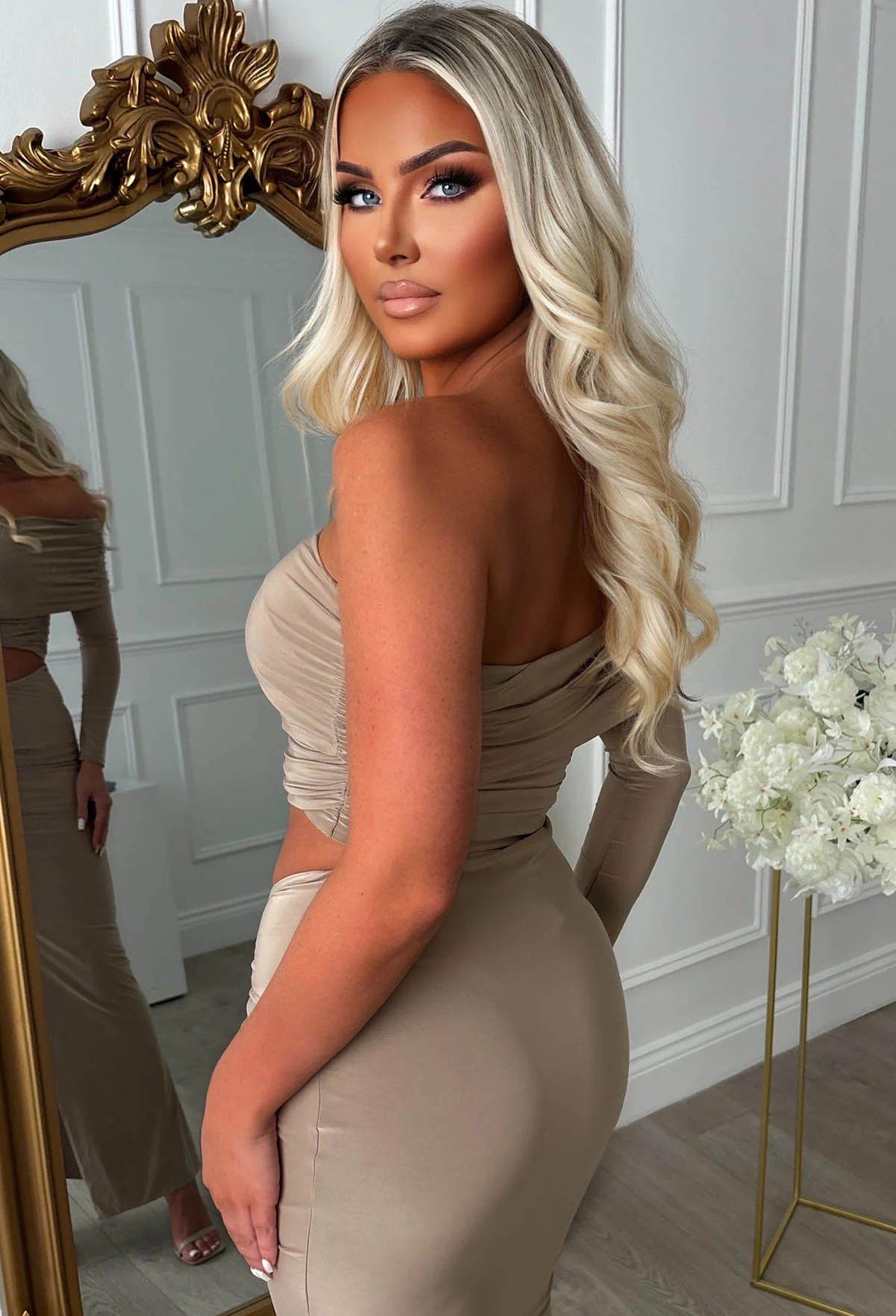 The Best Asset Taupe Ruched Slinky One Shoulder Maxi Skirt Co-Ord Set - Image 5