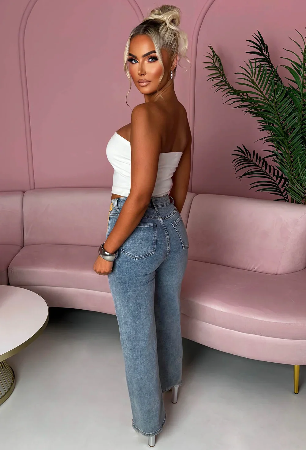 The Muse Mid Wash Stretch Graffiti Wide Leg Jeans - Image 2