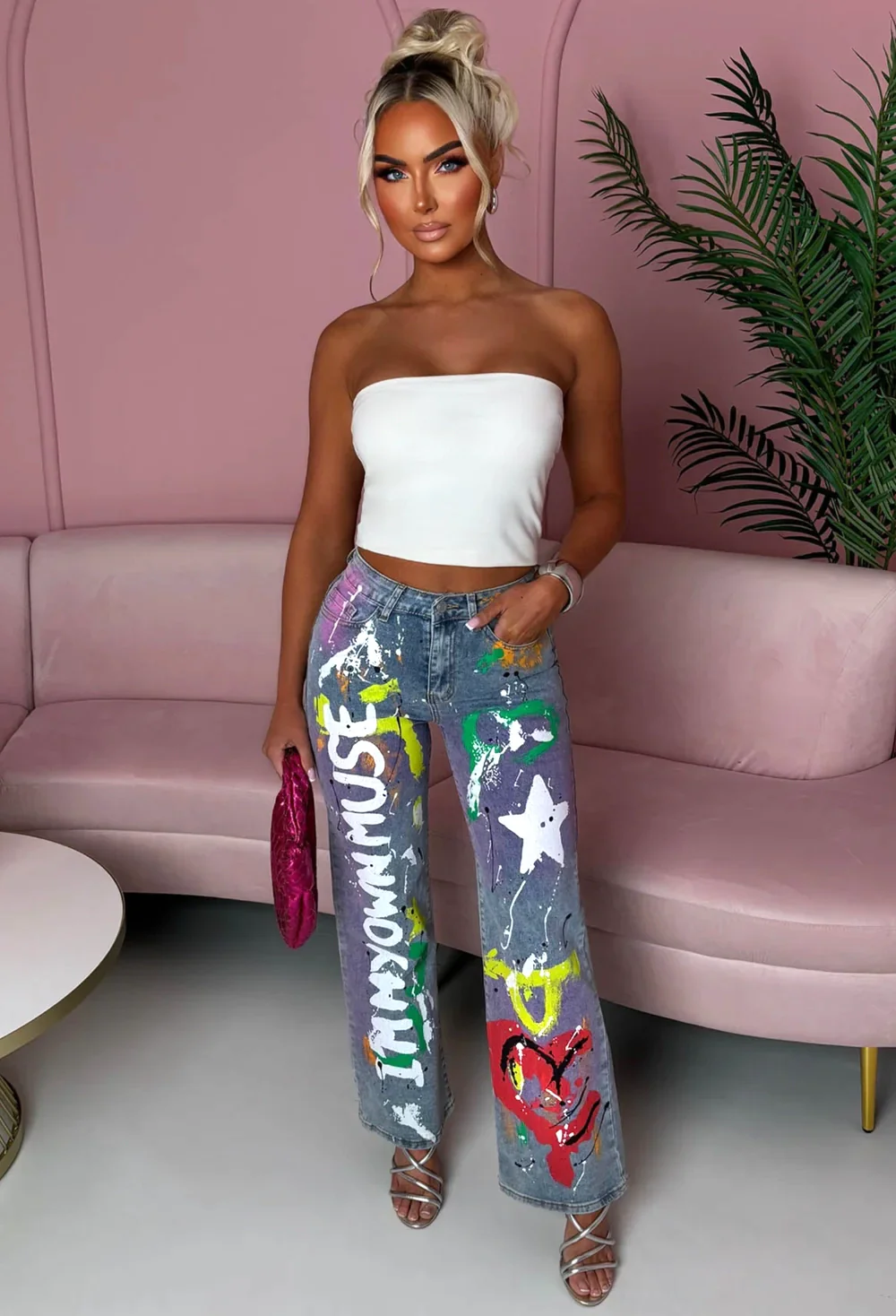 The Muse Mid Wash Stretch Graffiti Wide Leg Jeans - Image 3
