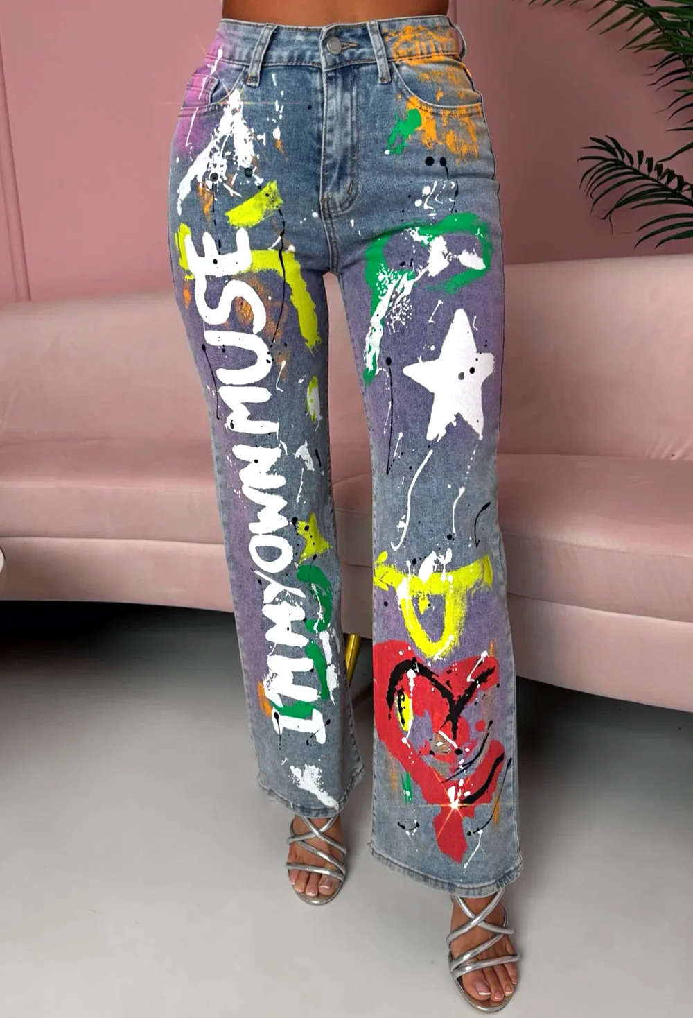 The Muse Mid Wash Stretch Graffiti Wide Leg Jeans - Image 4