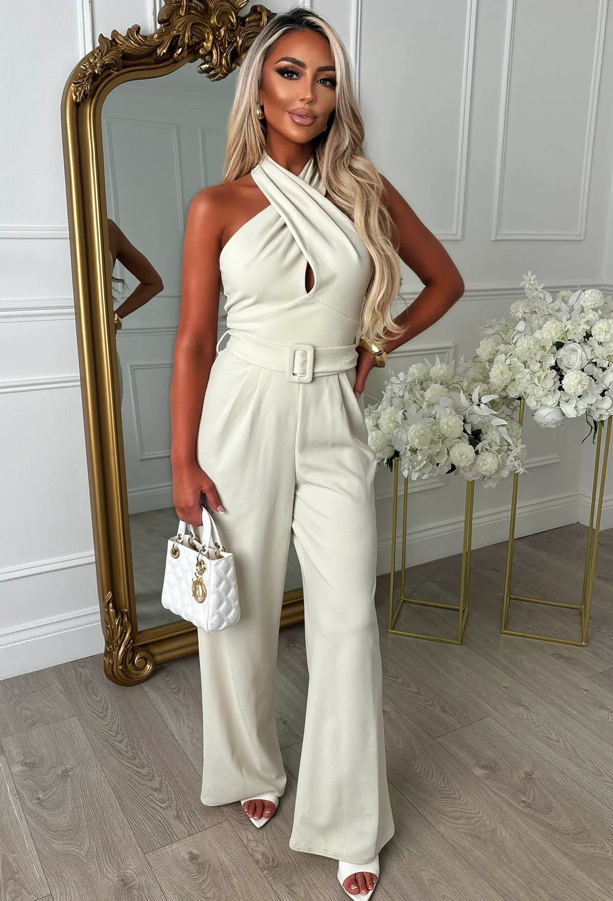 Tied Temptation Cream Cross Over Halter Belted Jumpsuit - Image 3