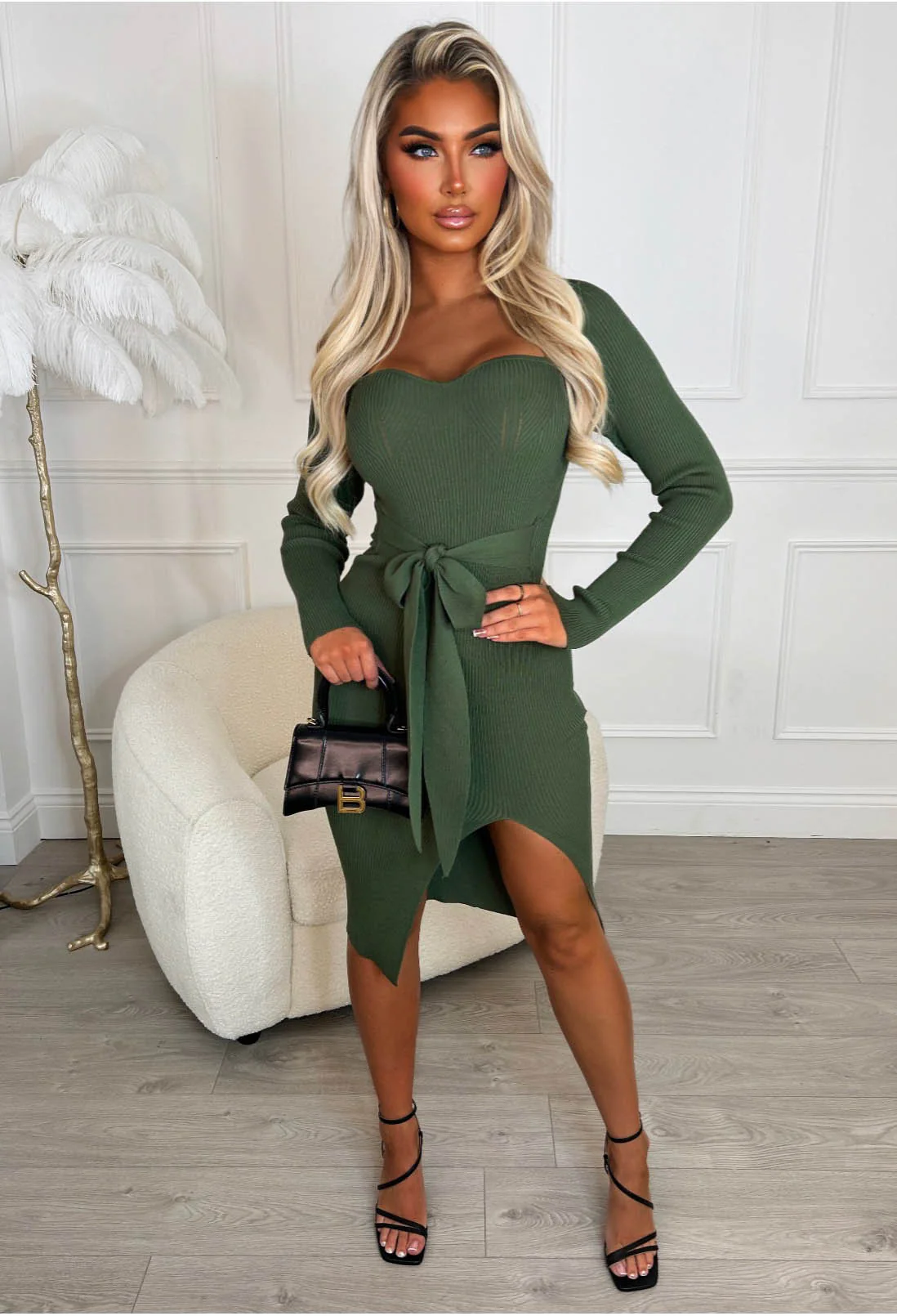 Tied To Love Khaki Tie Waist Long Sleeve Stretch Ribbed Knitted Midi Dress