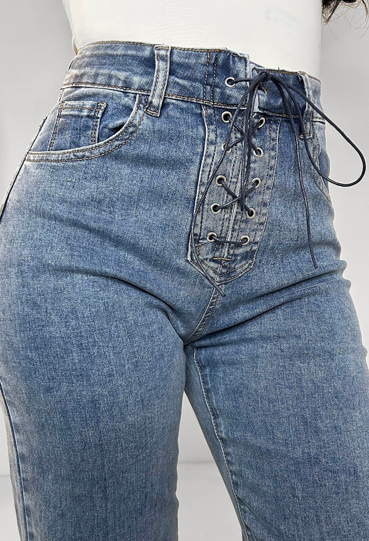 Tied Together Mid Blue Lace Up Stretch Straight Leg Jeans - Image 2