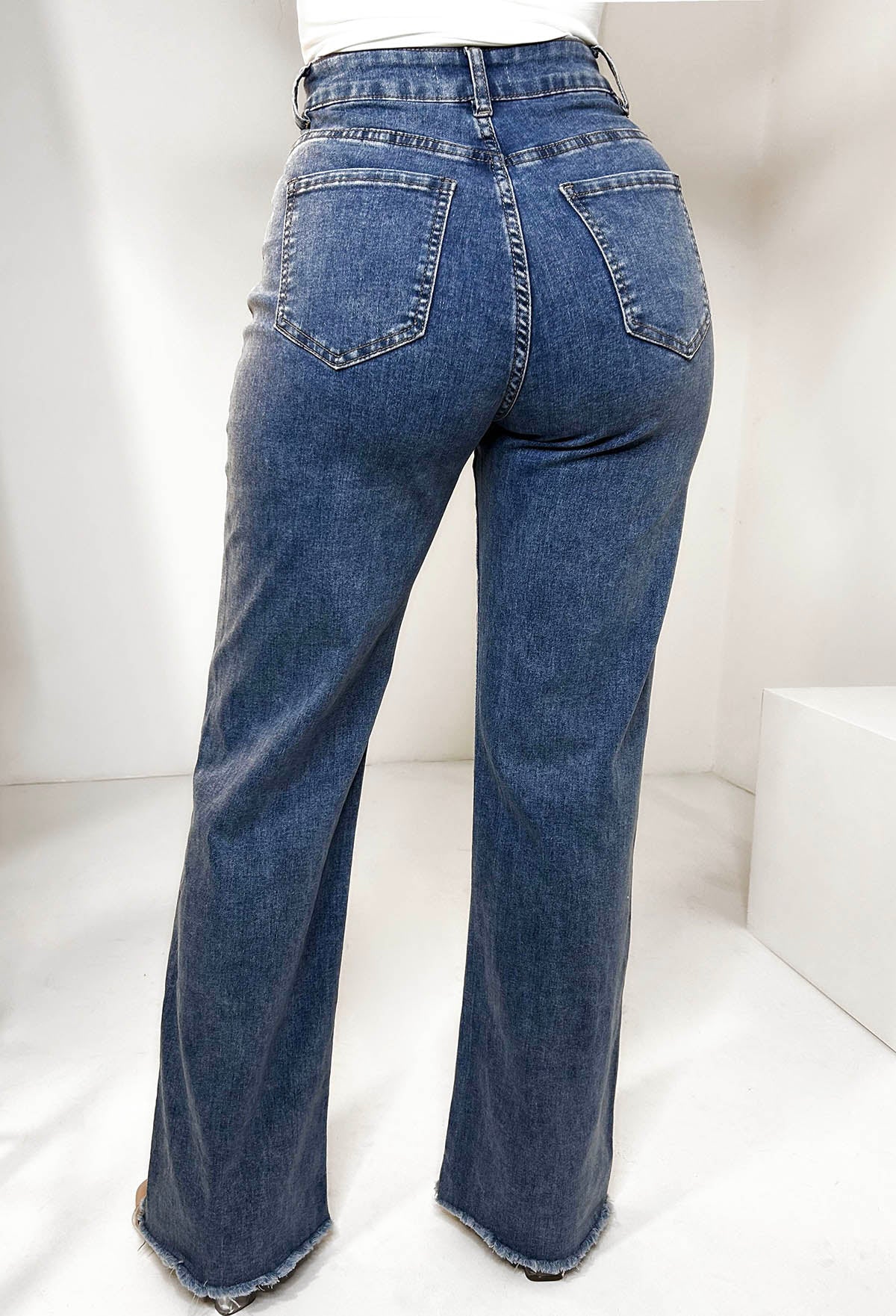 Tied Together Mid Blue Lace Up Stretch Straight Leg Jeans - Image 3