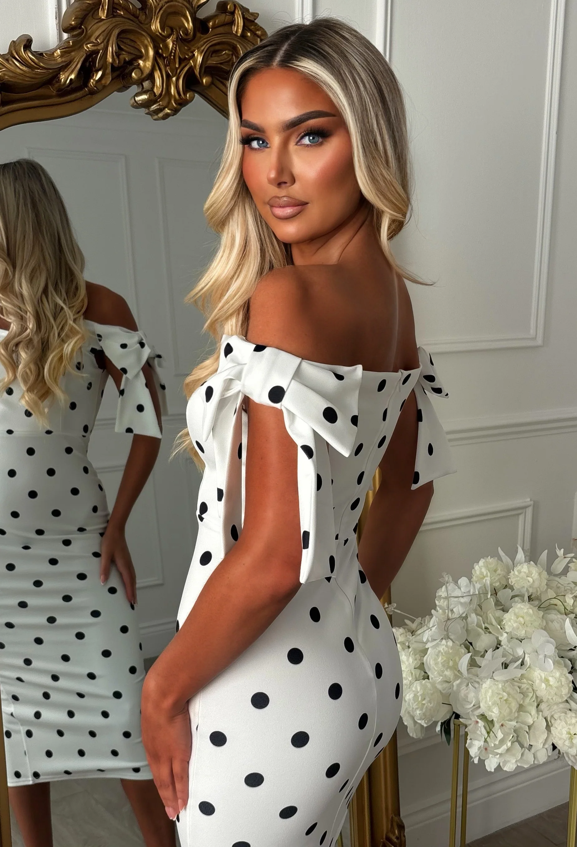 Tied With A Kiss Polka Dot Monochrome Midaxi Dress With Side Bow - Image 5