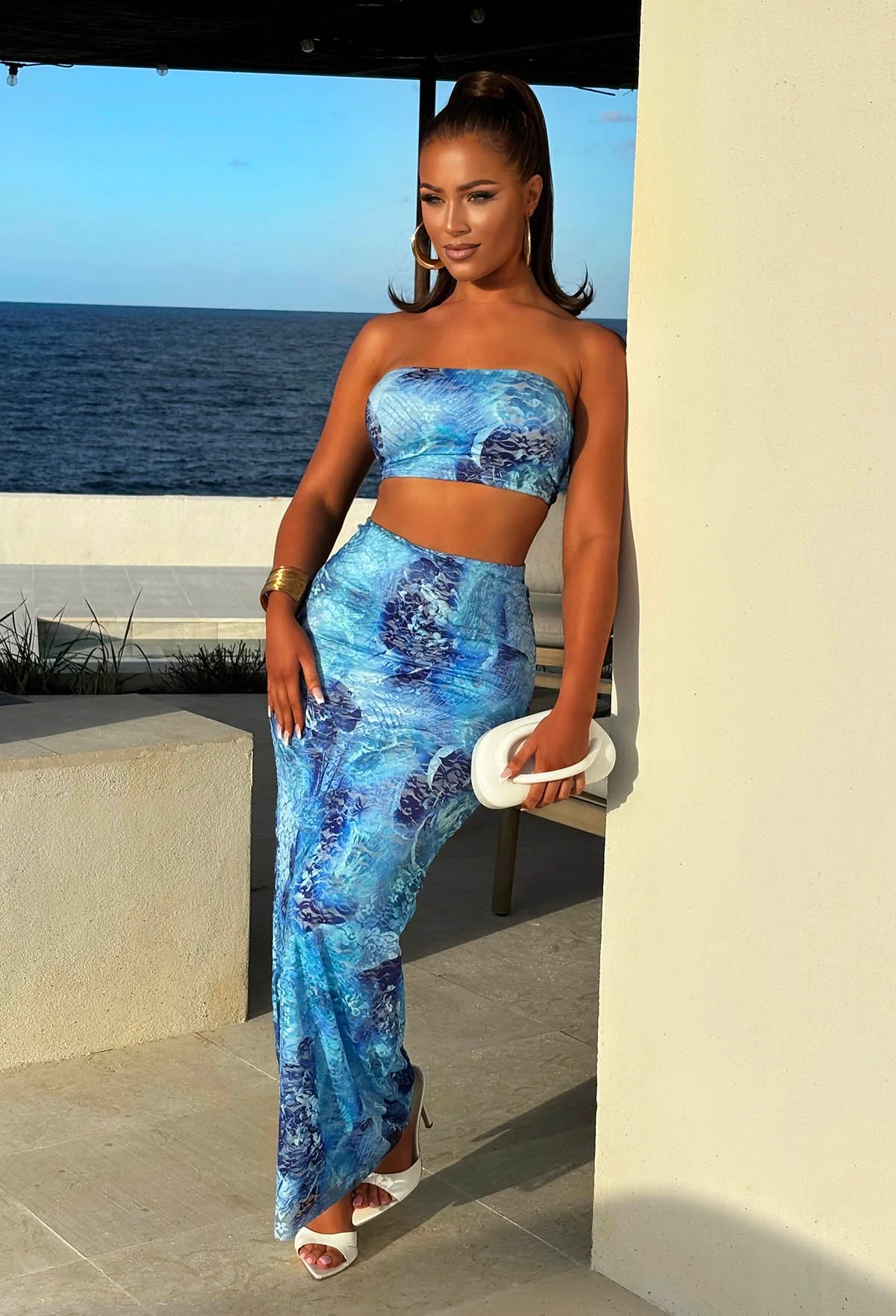 Too Hot Blue Printed Lace Skirt Co-Ord Set