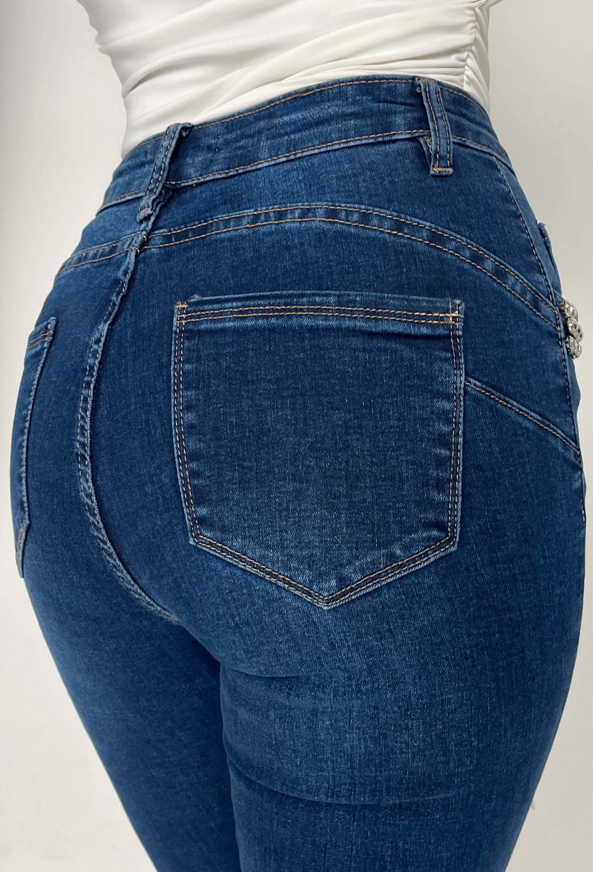 Too Much? Dark Blue Low Rise Stretch Diamante Trim Flare Jean - Image 4