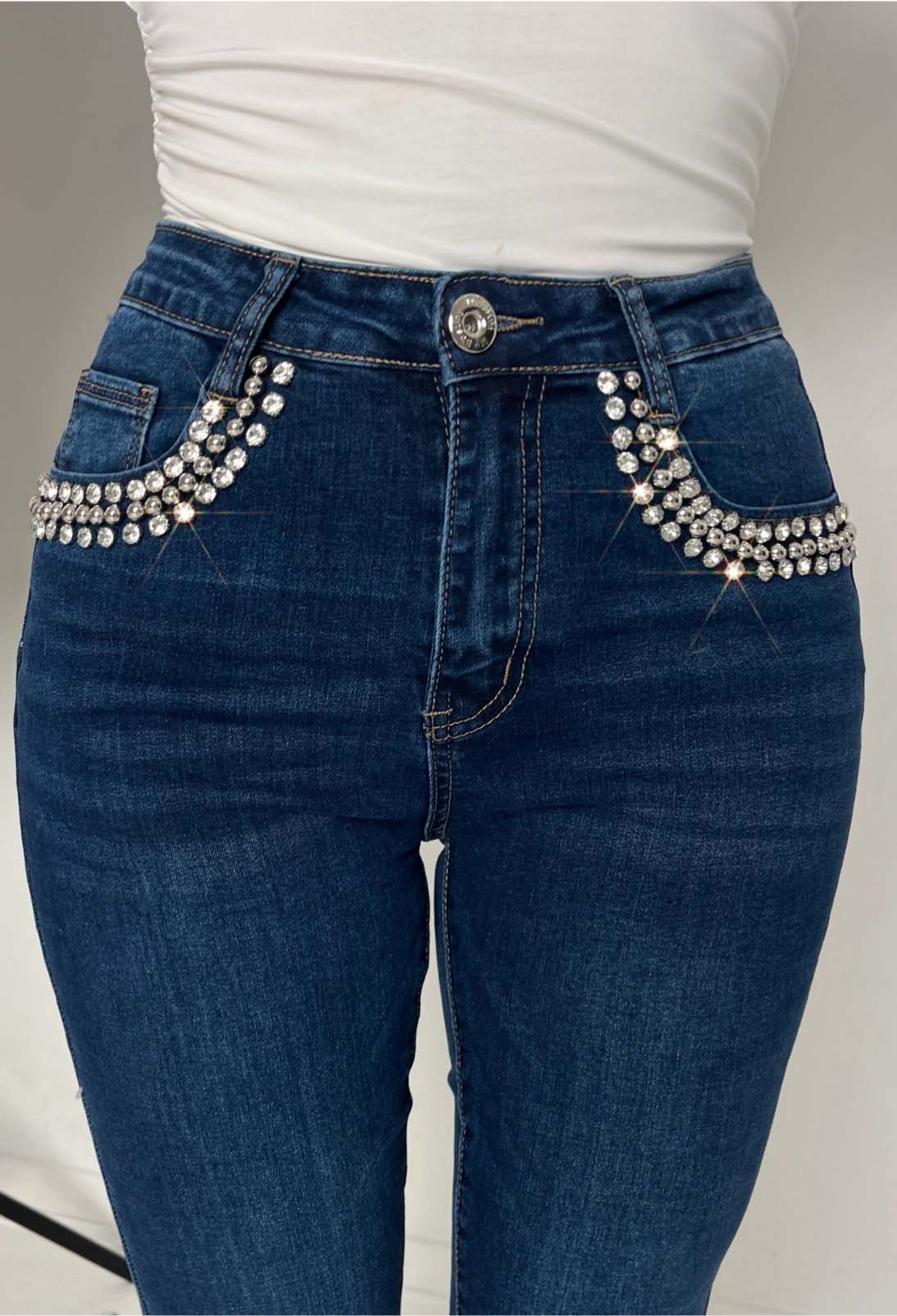 Too Much? Dark Blue Low Rise Stretch Diamante Trim Flare Jean - Image 5