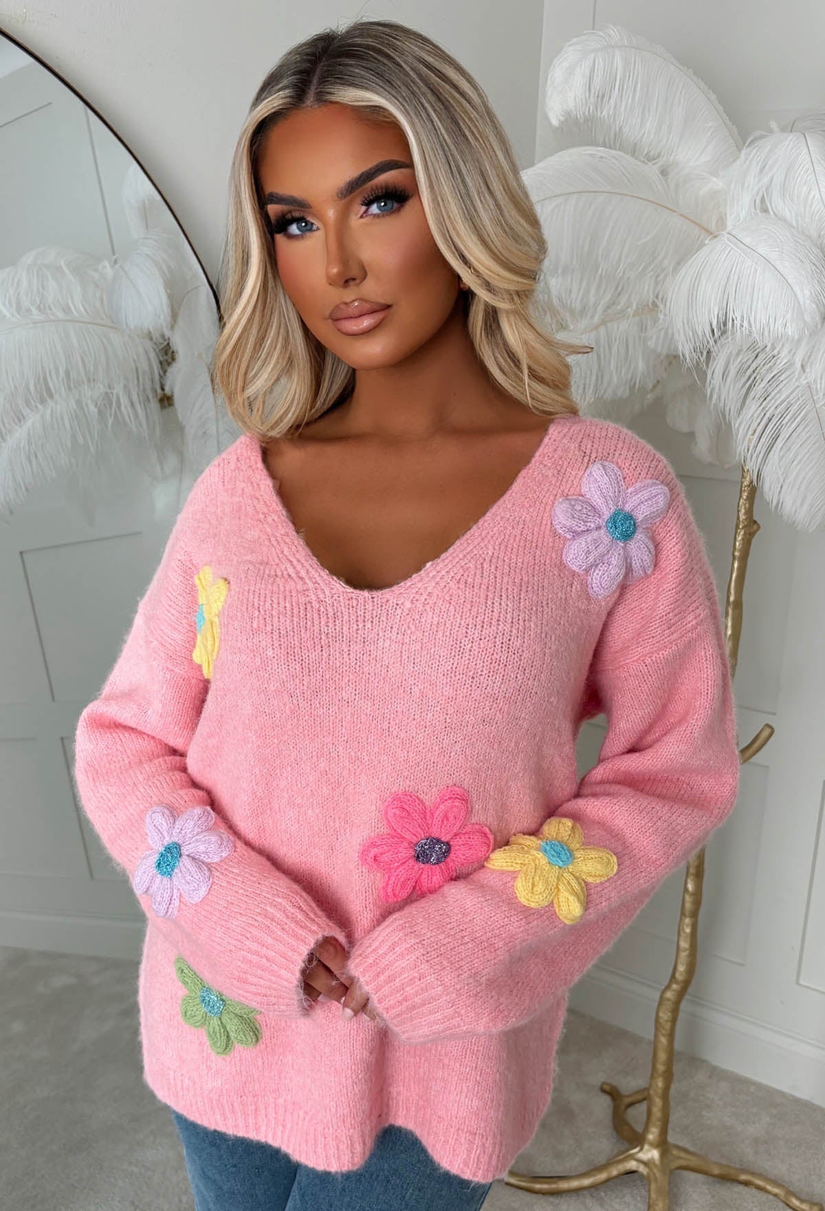 Too Sweet Baby Pink Off The Shoulder Flower Jumper - Image 2