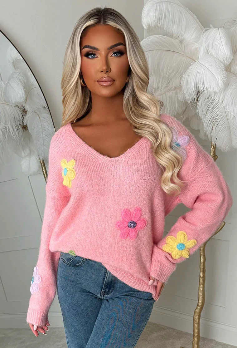 Too Sweet Baby Pink Off The Shoulder Flower Jumper - Image 3