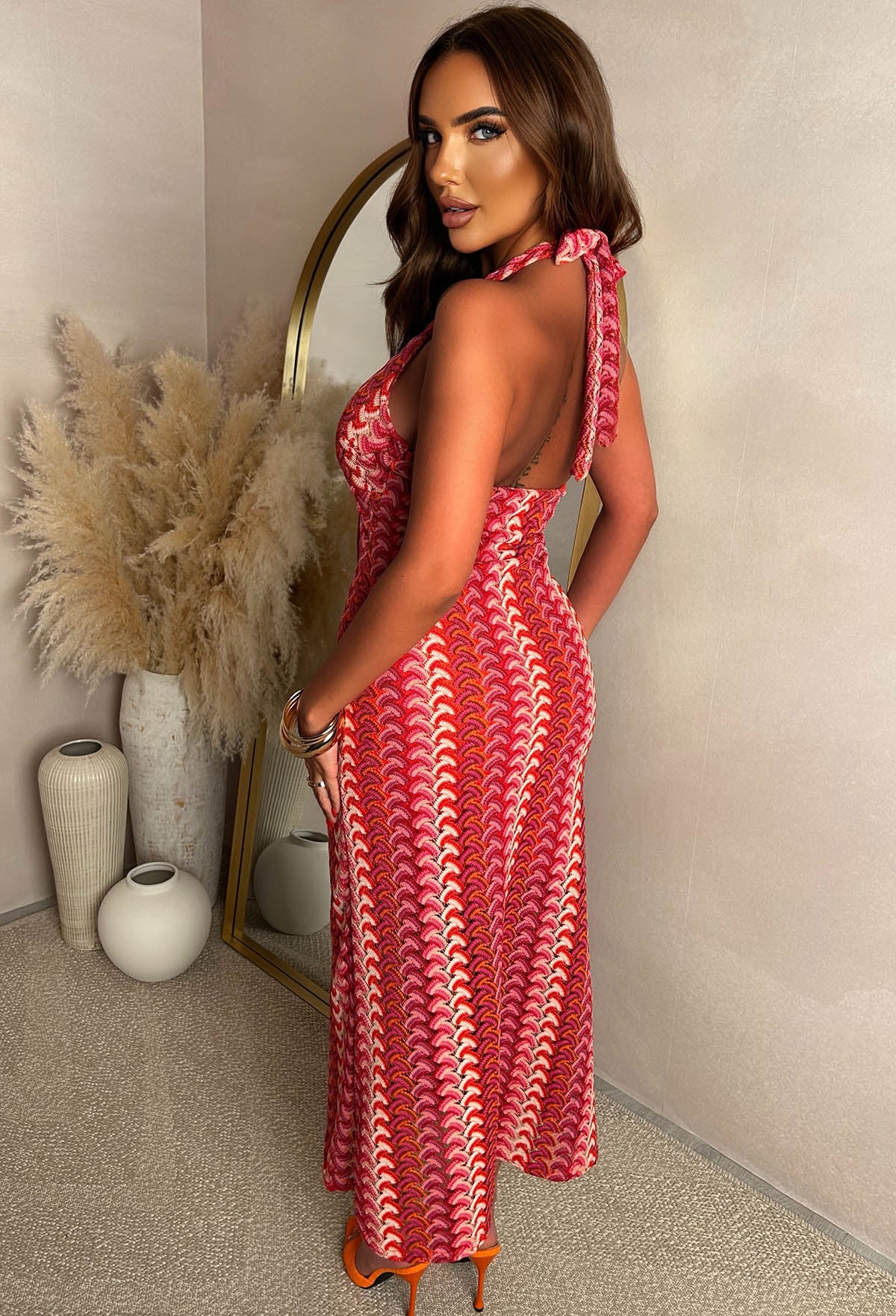 Tropic Tease Red Knitted Zig Zag Plunge Maxi Dress - Image 2