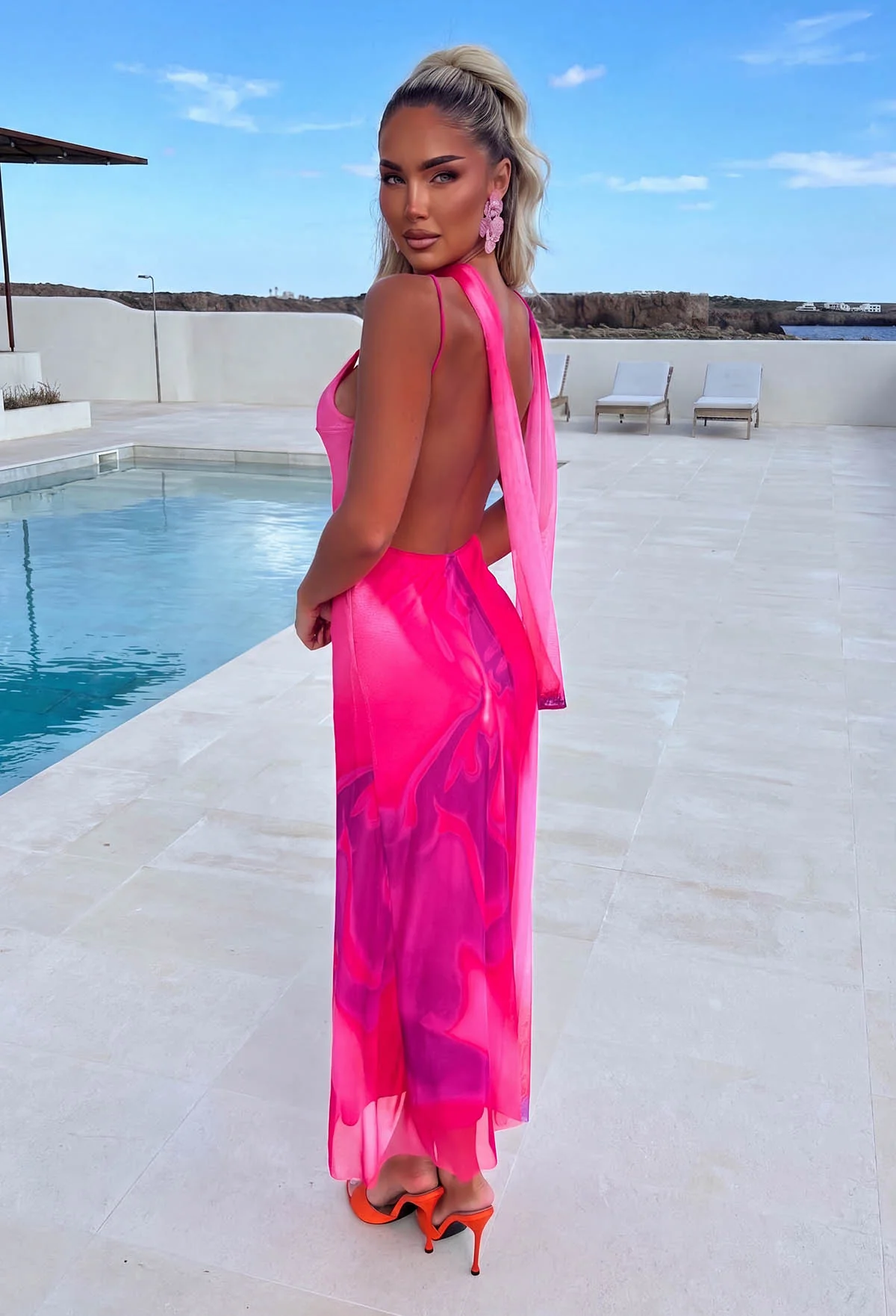 Tropical Sunrise Fuchsia Print Cami Scarf Detail Maxi Dress - Image 2