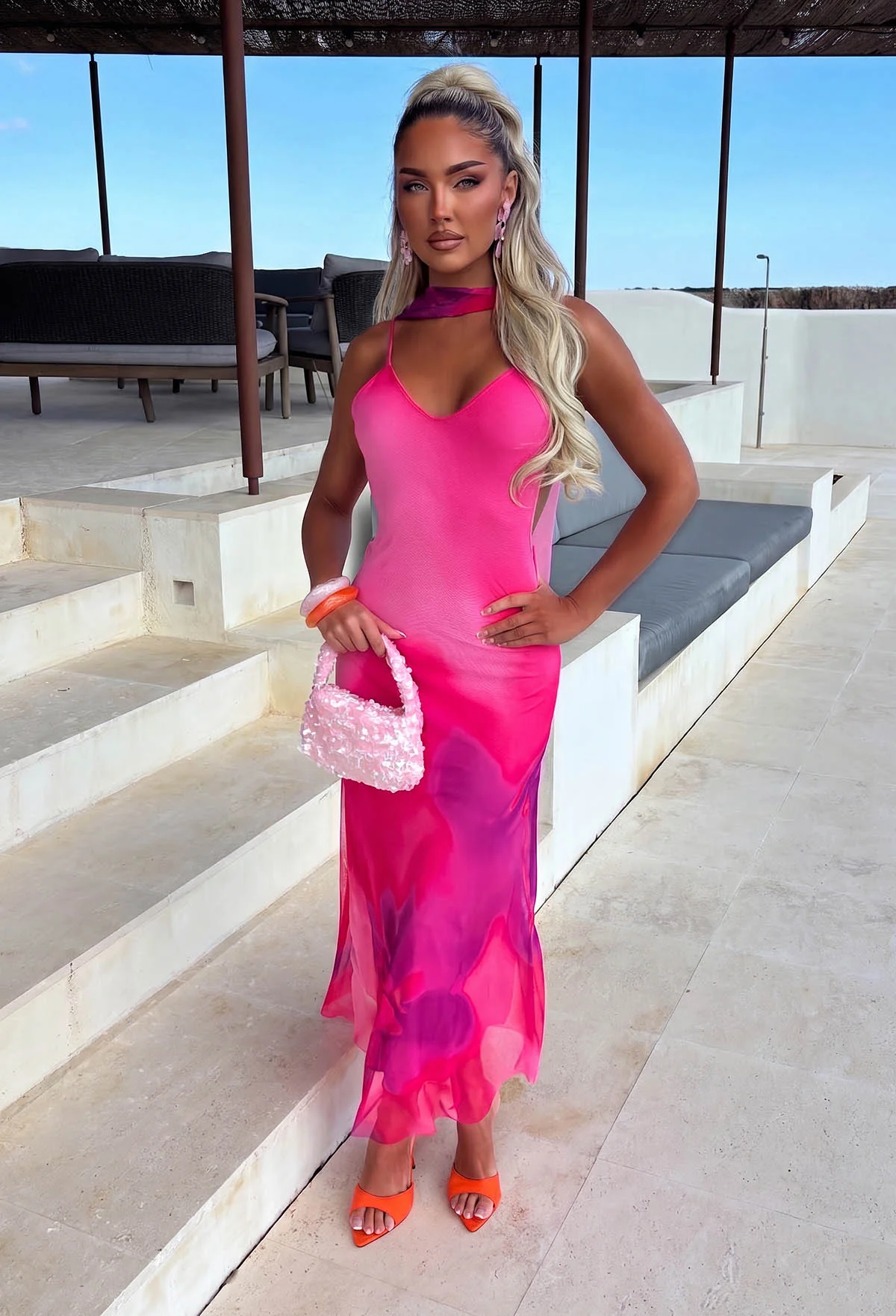 Tropical Sunrise Fuchsia Print Cami Scarf Detail Maxi Dress - Image 3