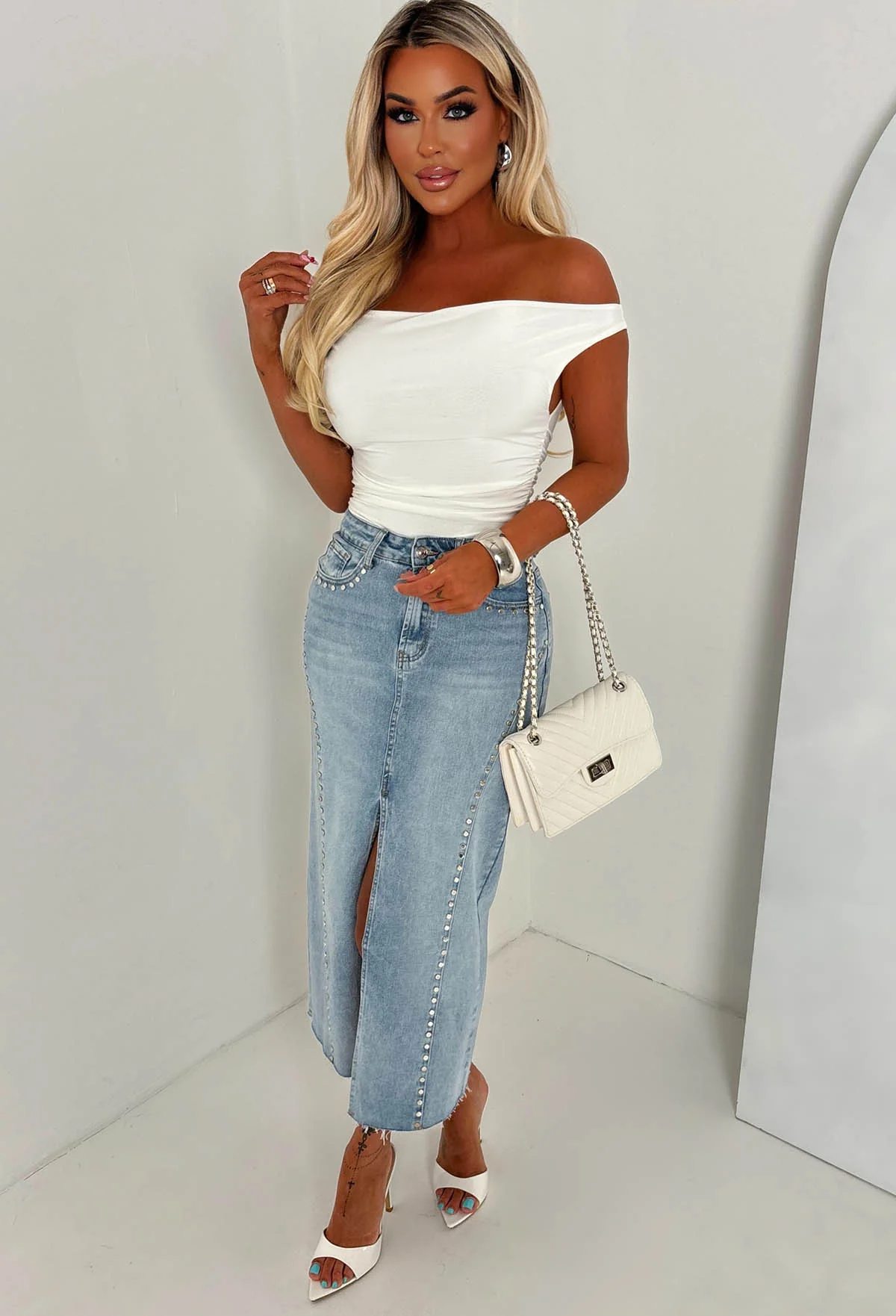 True Blue Light Wash Stretch Denim Studded Skirt - Image 3