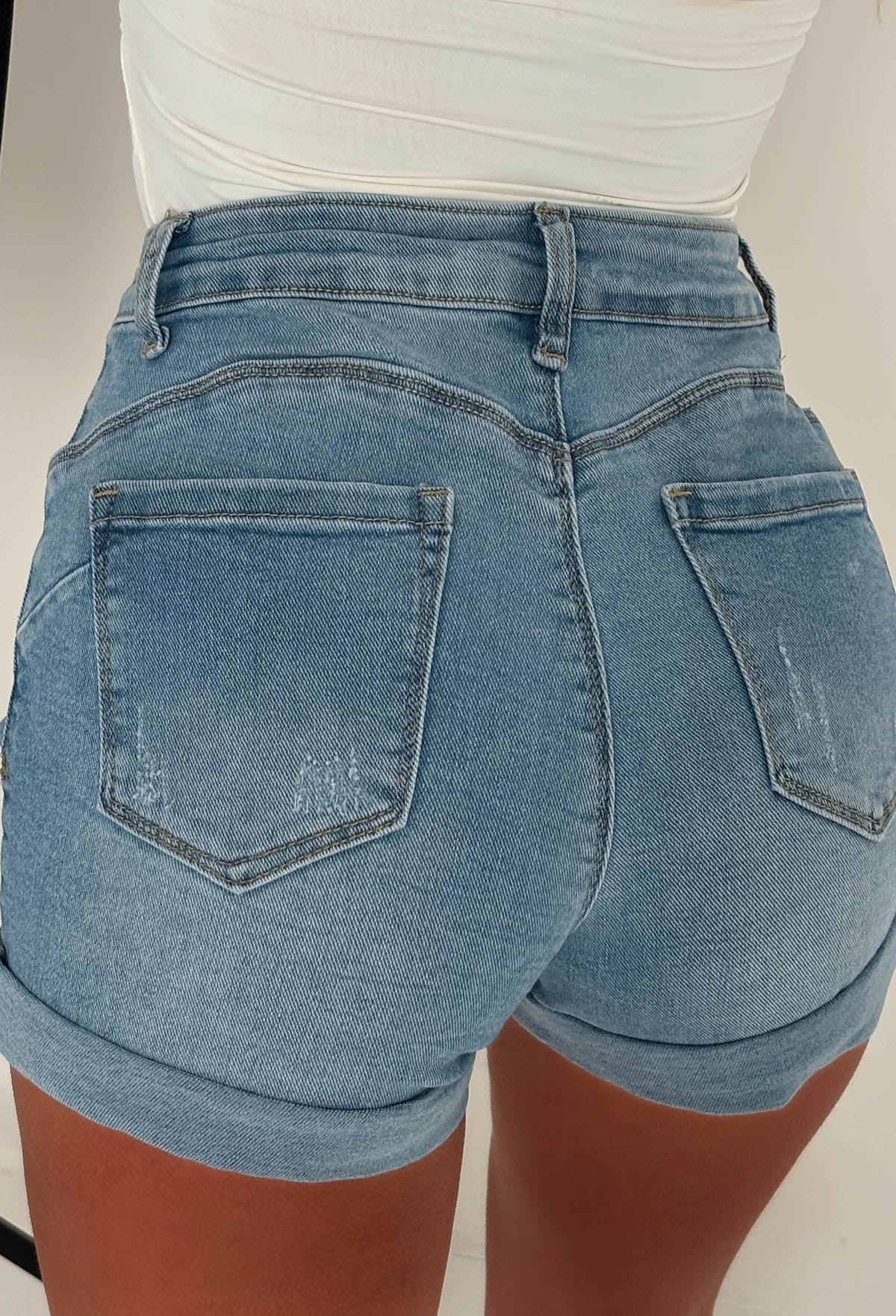 Turn Me Around Mid Wash Stretch Distressed Denim Turn Up Shorts - Image 5