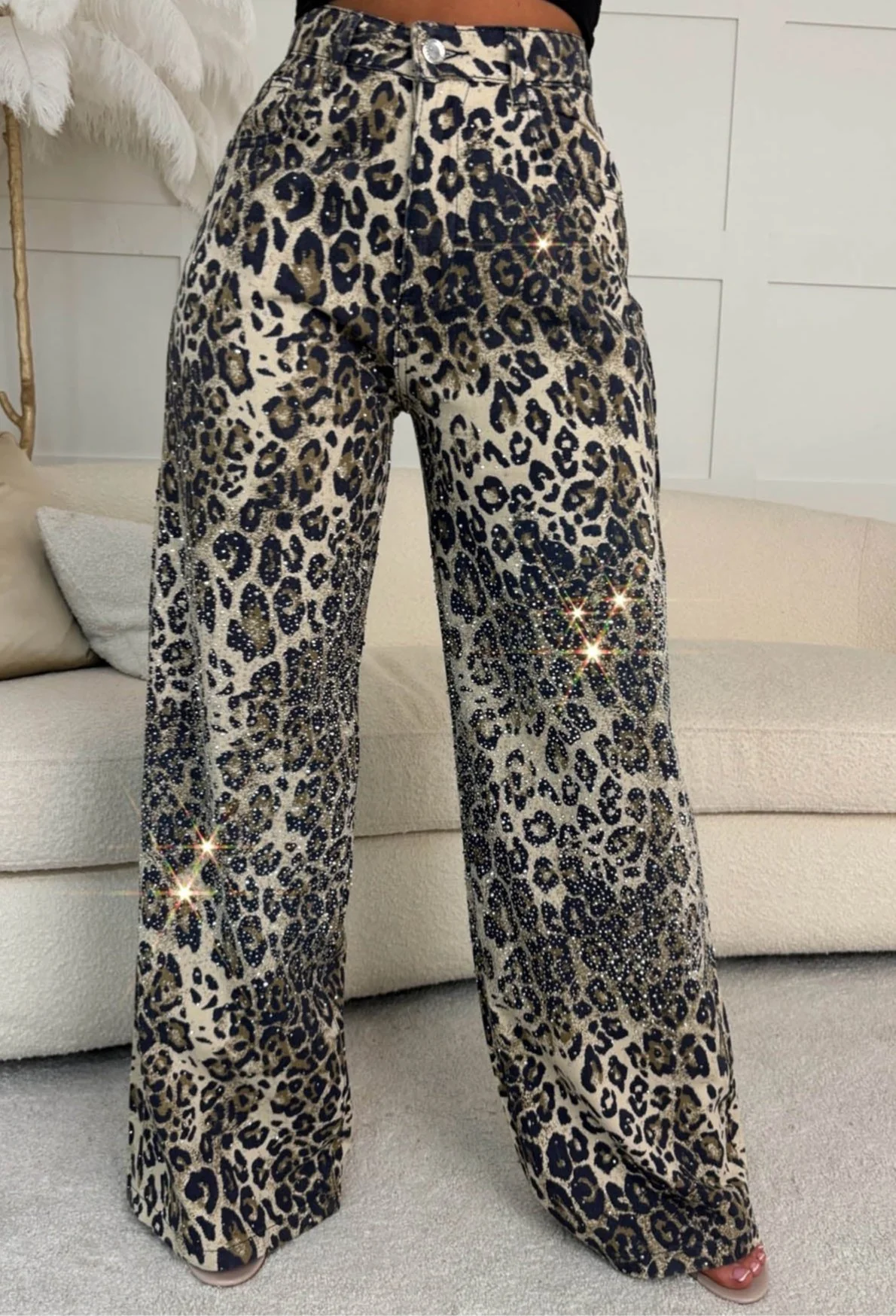 Ultimate Revolution Leopard Wide Leg Diamante Jeans - Image 3