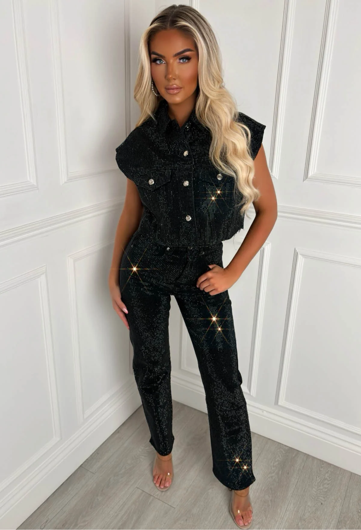 Ultimate Shine Black Sparkle Cut Off Denim Jacket - Image 2