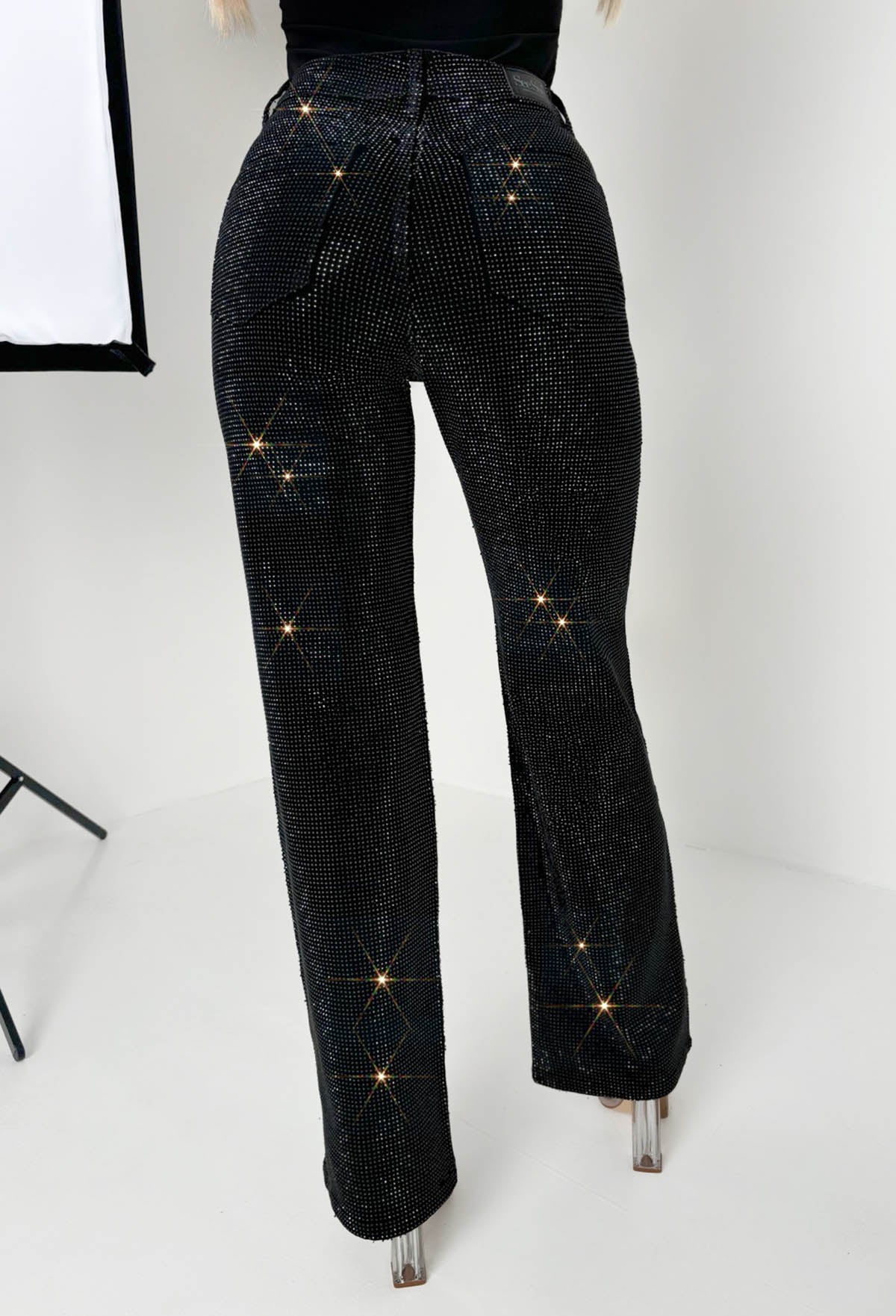 Ultimate Sparkle Black Straight Leg Stretch Diamante Jeans - Image 4