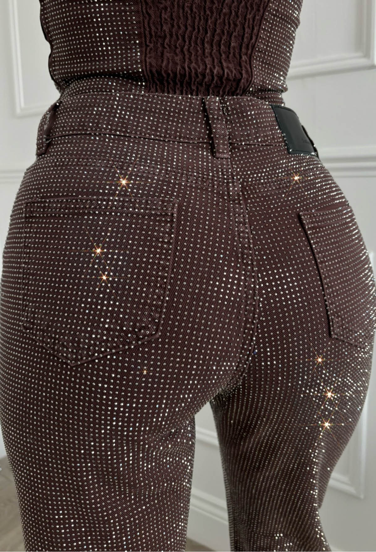 Ultimate Sparkle Brown Straight Leg Stretch Diamante Jeans - Image 3
