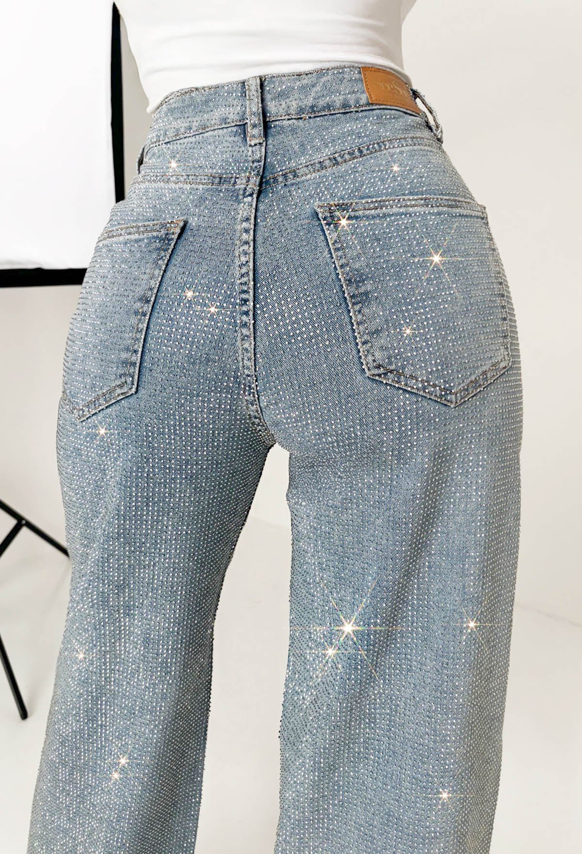 Ultimate Sparkle Mid Blue Straight Leg Stretch Diamante Jeans - Image 5