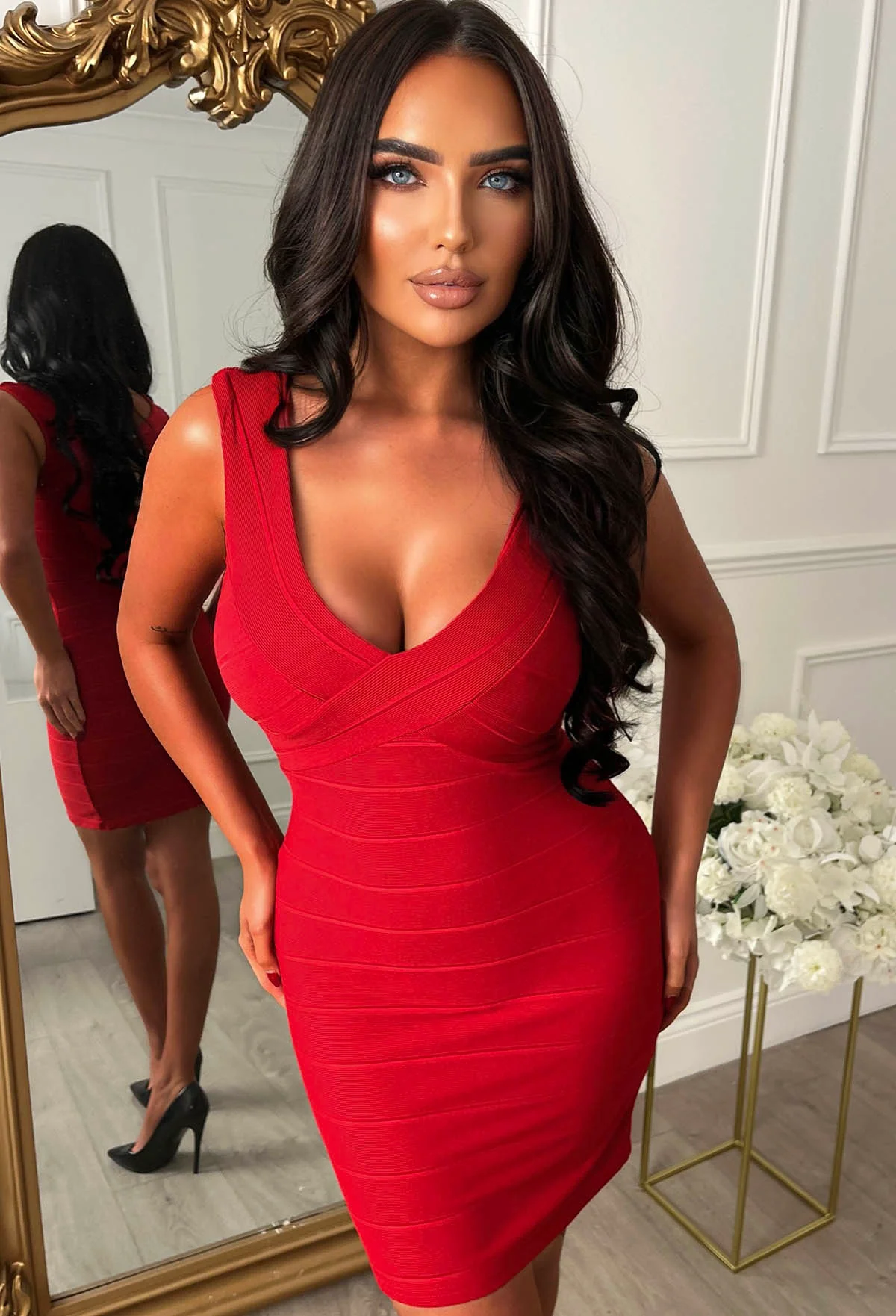 Undeniable Red Jersey Ribbed Bandage Effect Bodycon Dress - Image 2