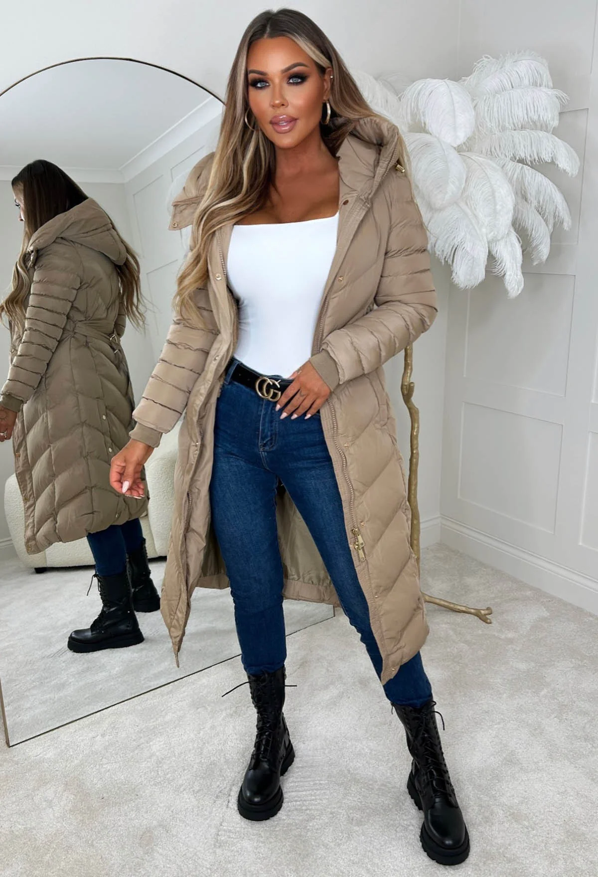 Urban Revival Beige Chevron Belted Hooded Fleece Lined Coat - Image 3