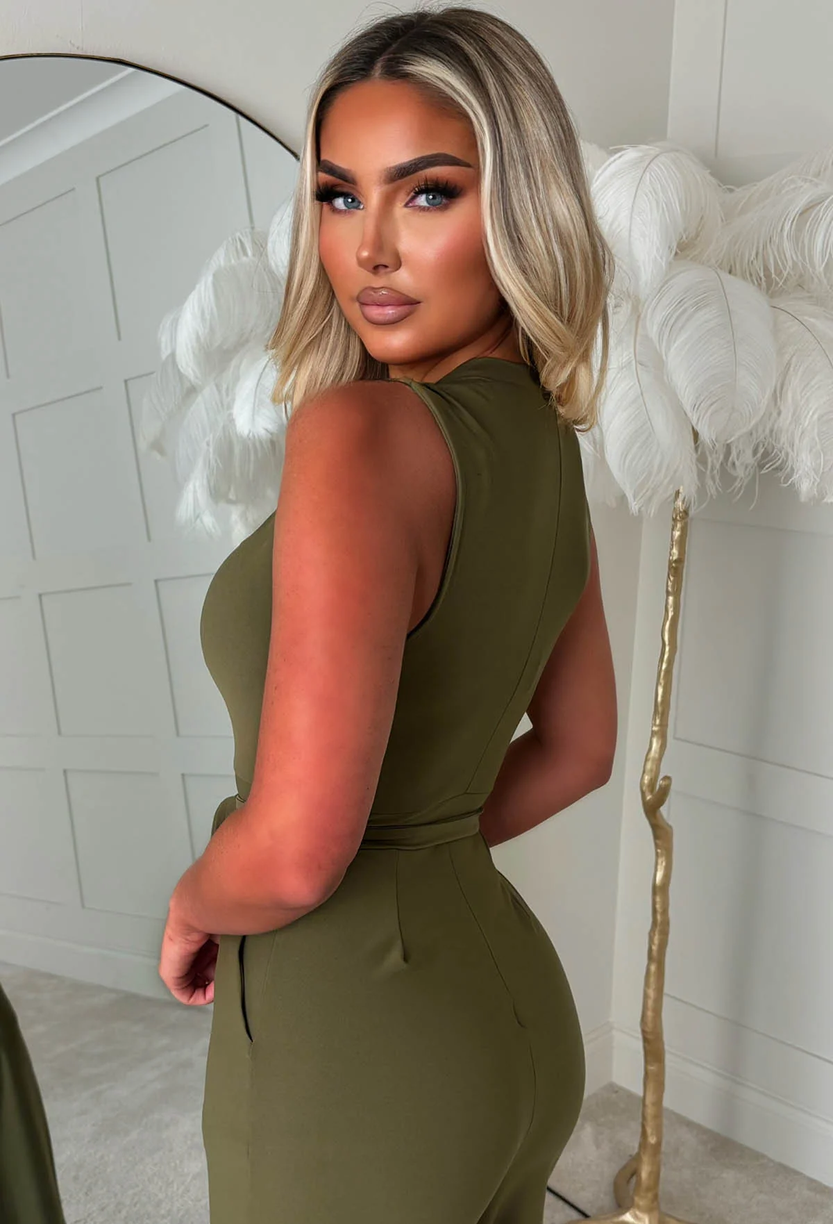 Vacay Tease Khaki Cross Front Belted Jumpsuit - Image 4